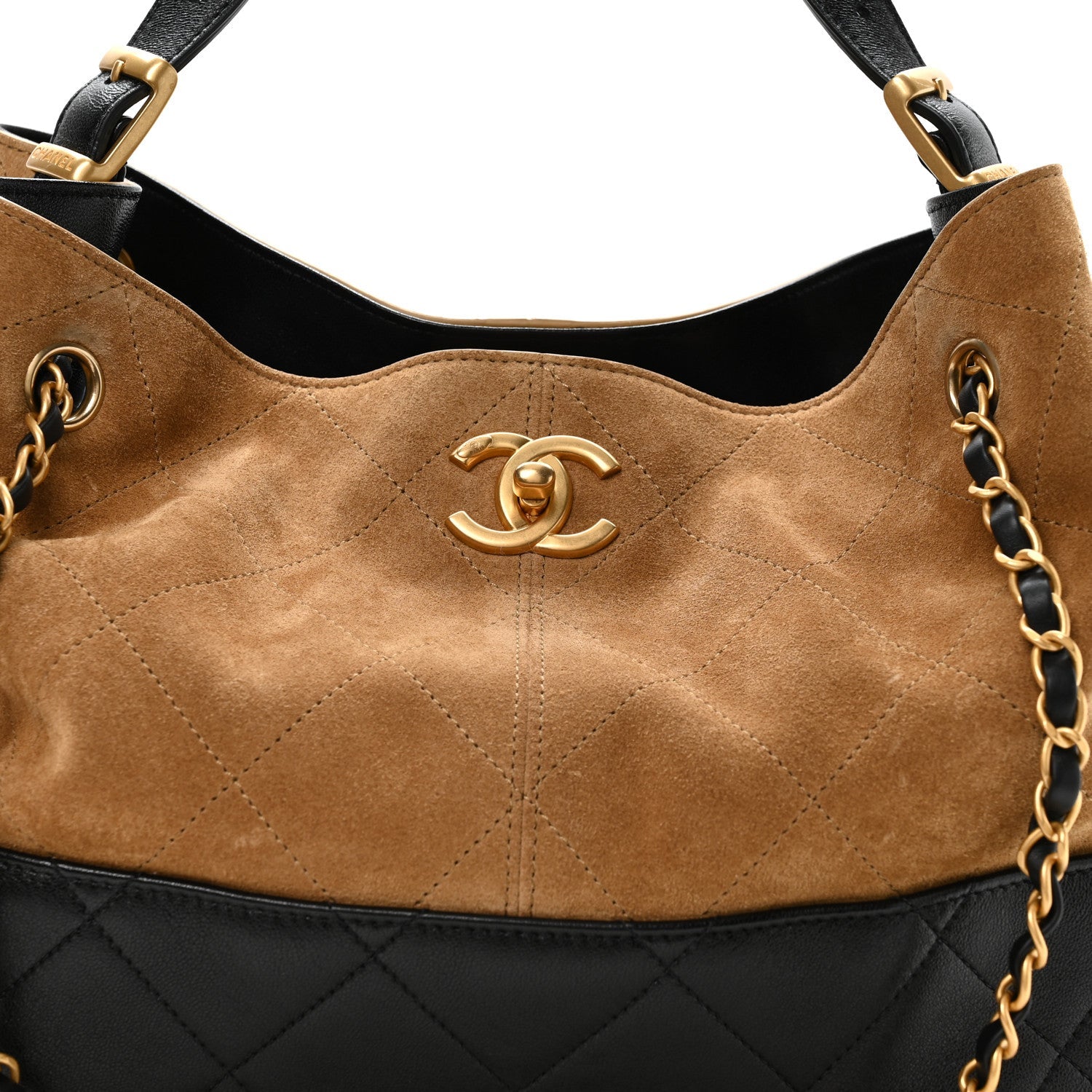Suede Calfskin Shiny Lambskin Quilted Small Coco Base Shopping Bag Beige Black