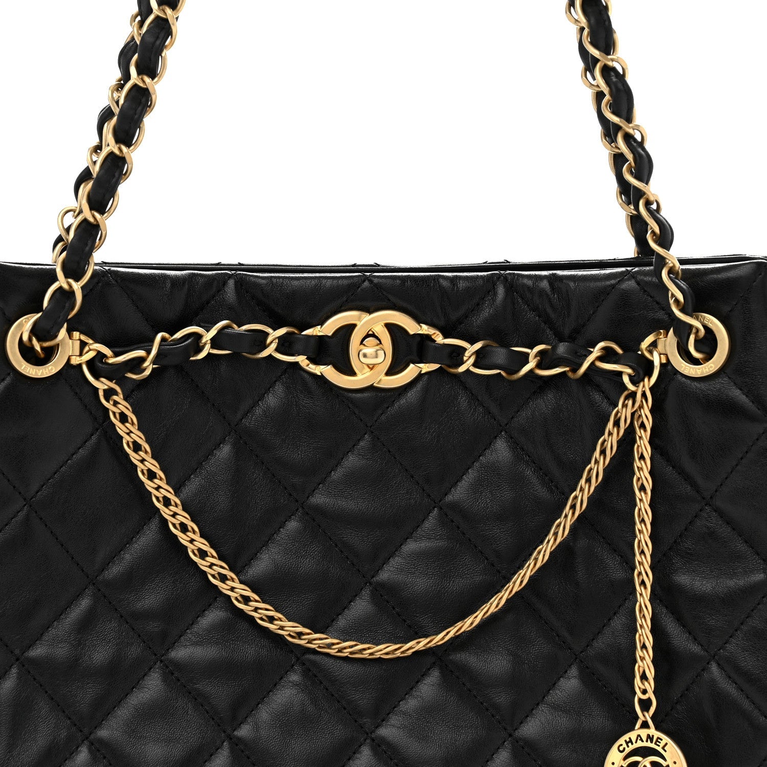 Shiny Calfskin Quilted Fancy Jewel Tote Bag Black