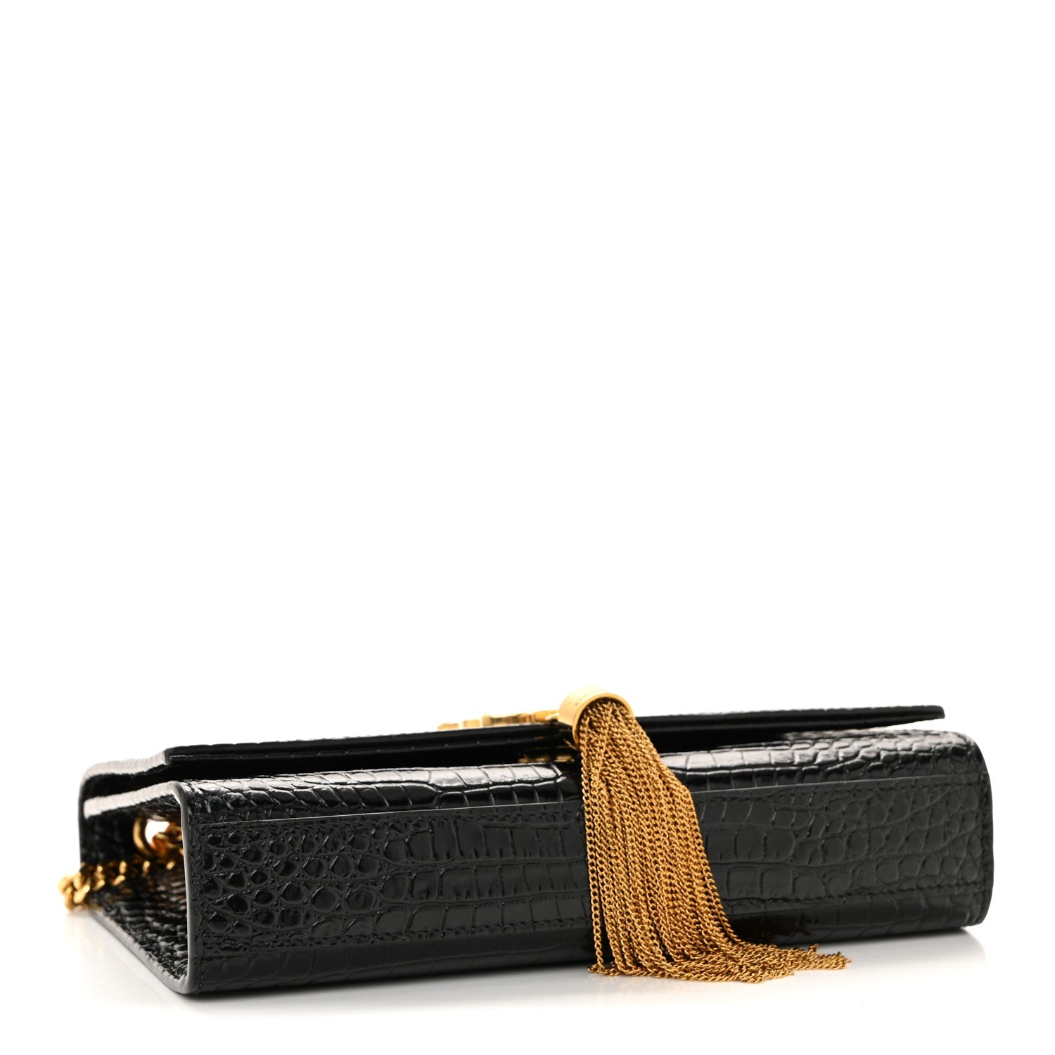 Calfskin Crocodile Embossed Small Classic Monogram Kate Tassel Satchel Black