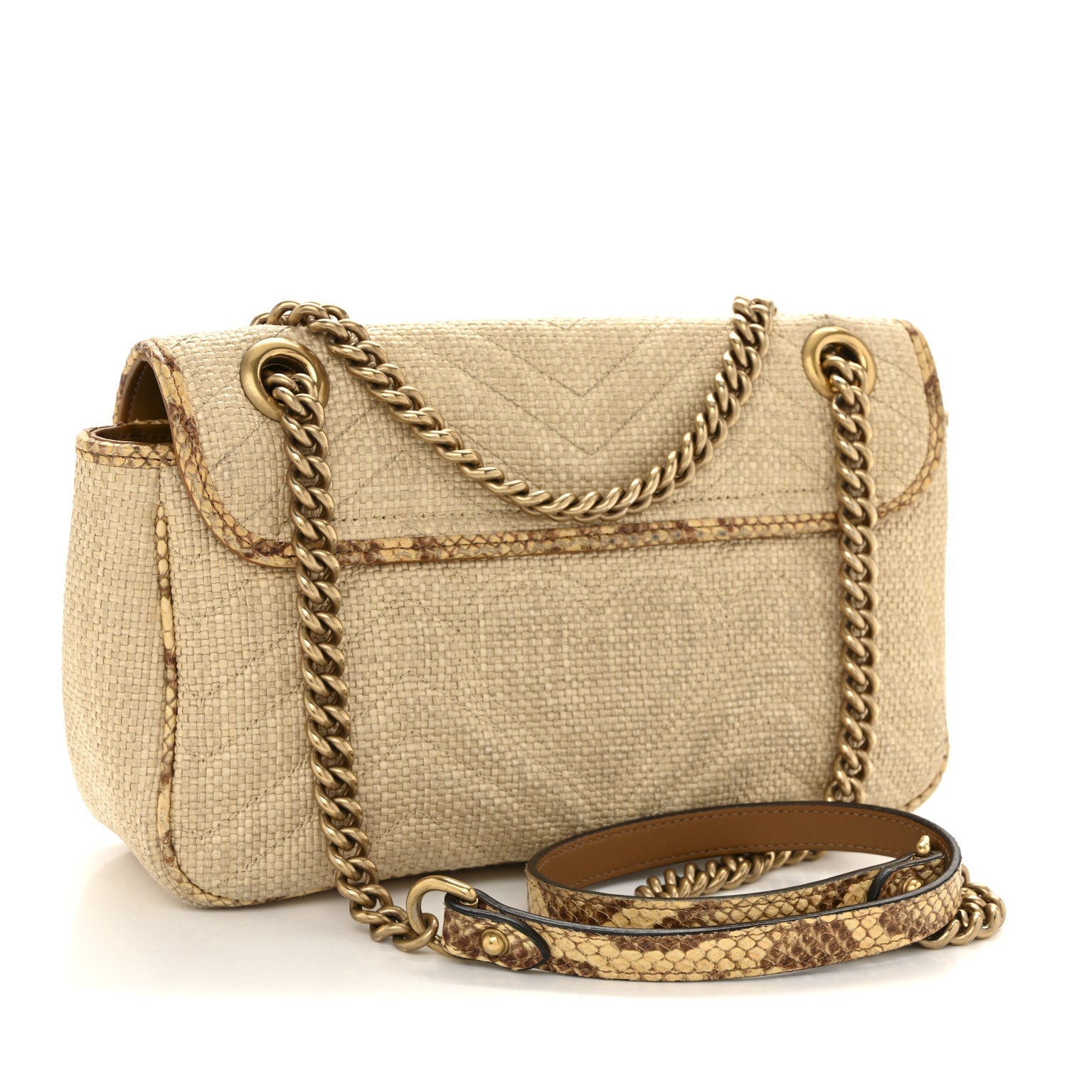 Raffia Elaphe Matelasse Small GG Marmont Shoulder Bag Natural Cream Brown