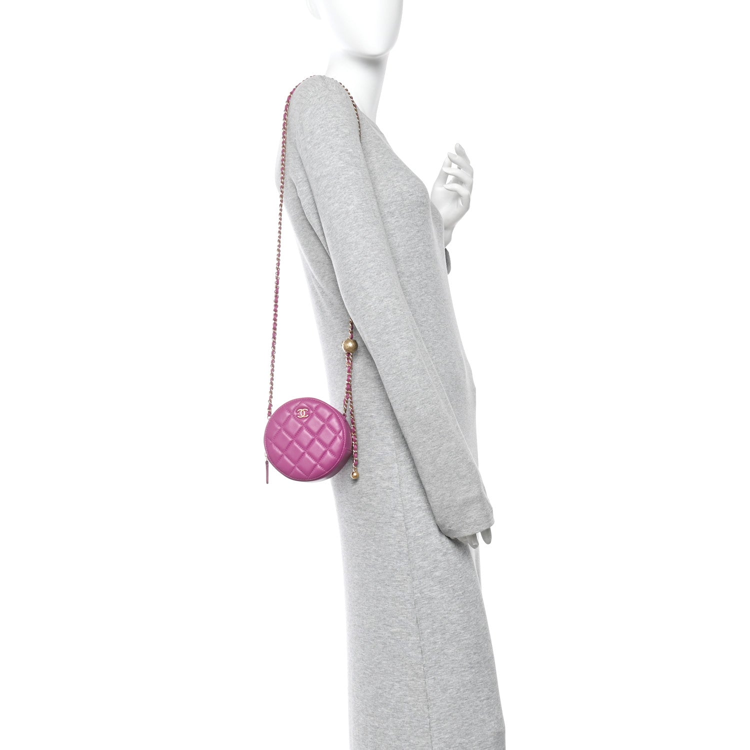 Lambskin Quilted Round Pearl Crush Clutch With Chain Purple