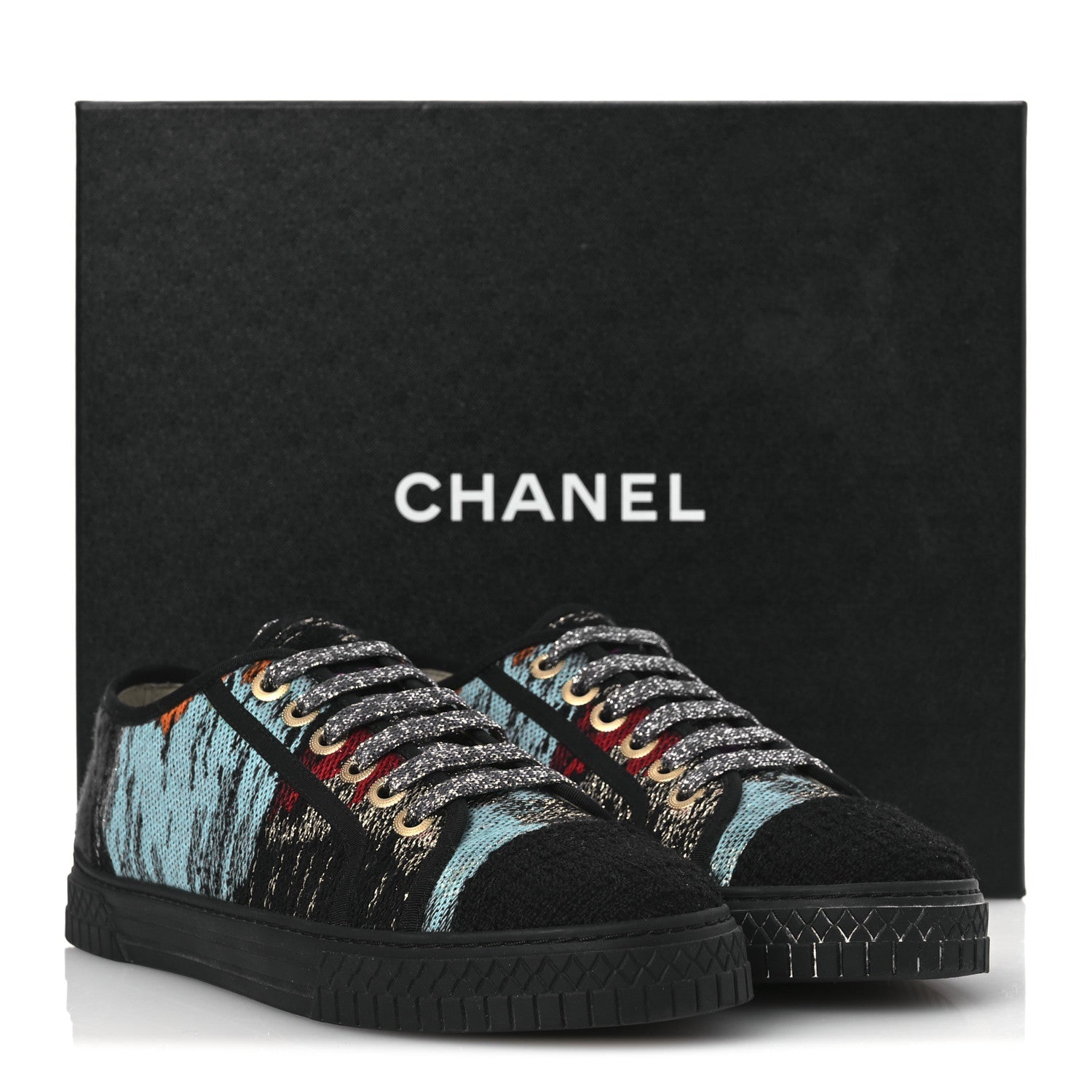 Metallic Tweed Low Top Sneakers 38 Black Multicolor