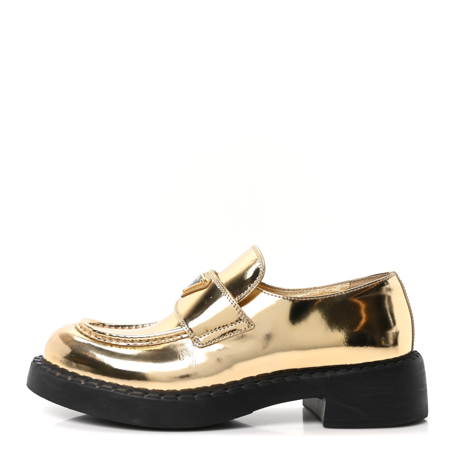 Metallic Brushed Calfskin Metal Triangle Logo 50mm Loafers 39.5 Platino