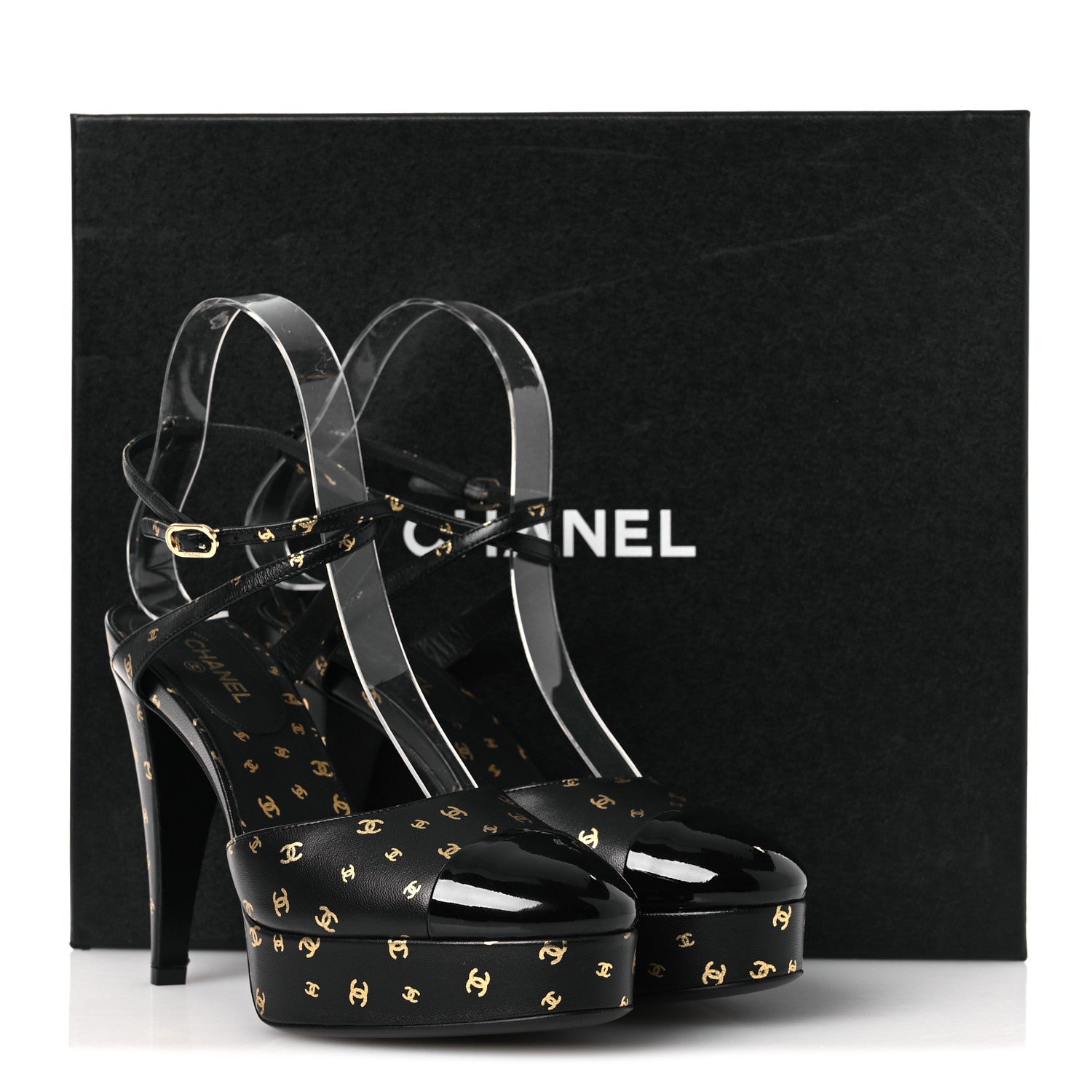 Printed Lambskin CC Platform Pumps 37.5 Black Gold