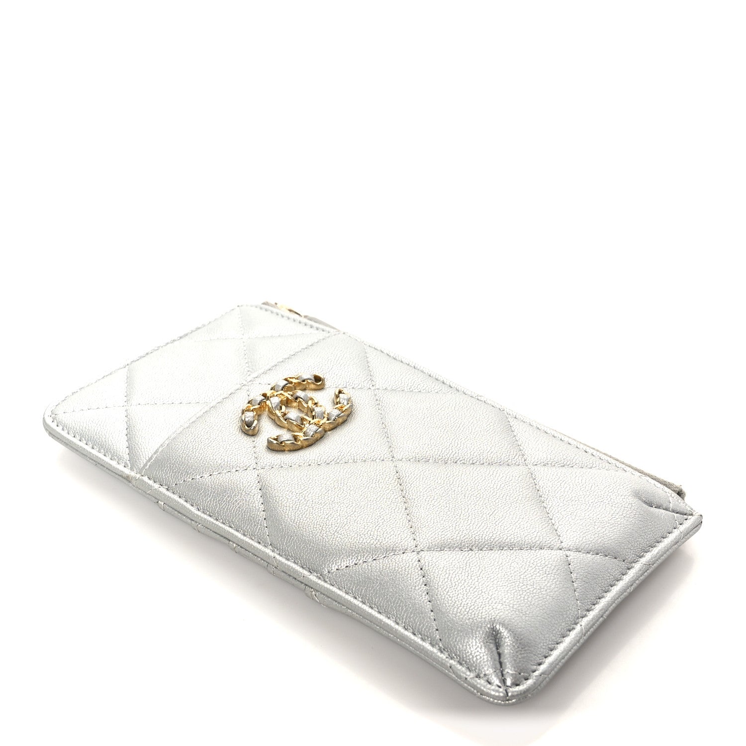 Lambskin Quilted Chanel 19 Phone and Card Holder Silver