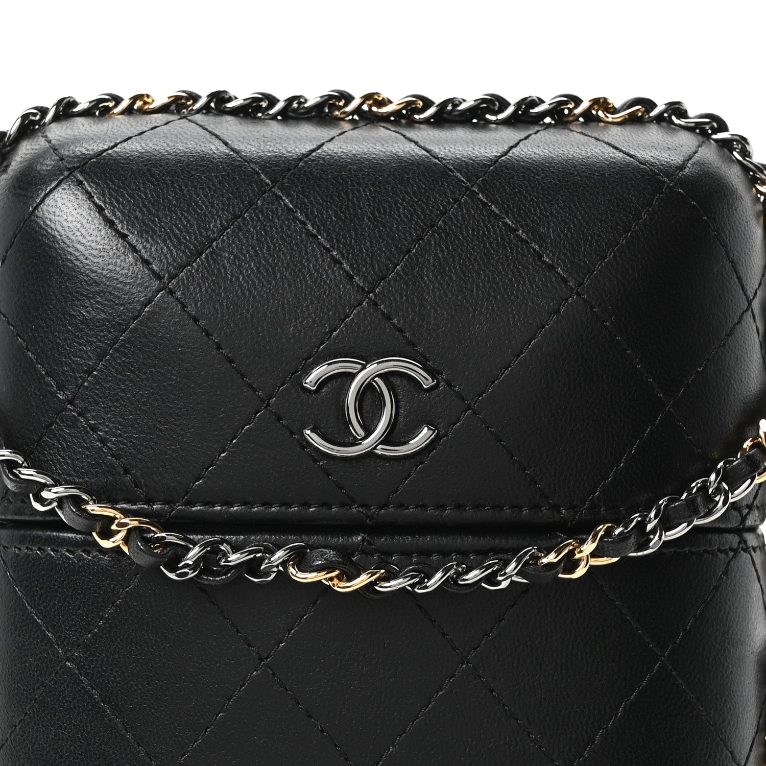 Lambskin Quilted Chain Around Phone Holder Black