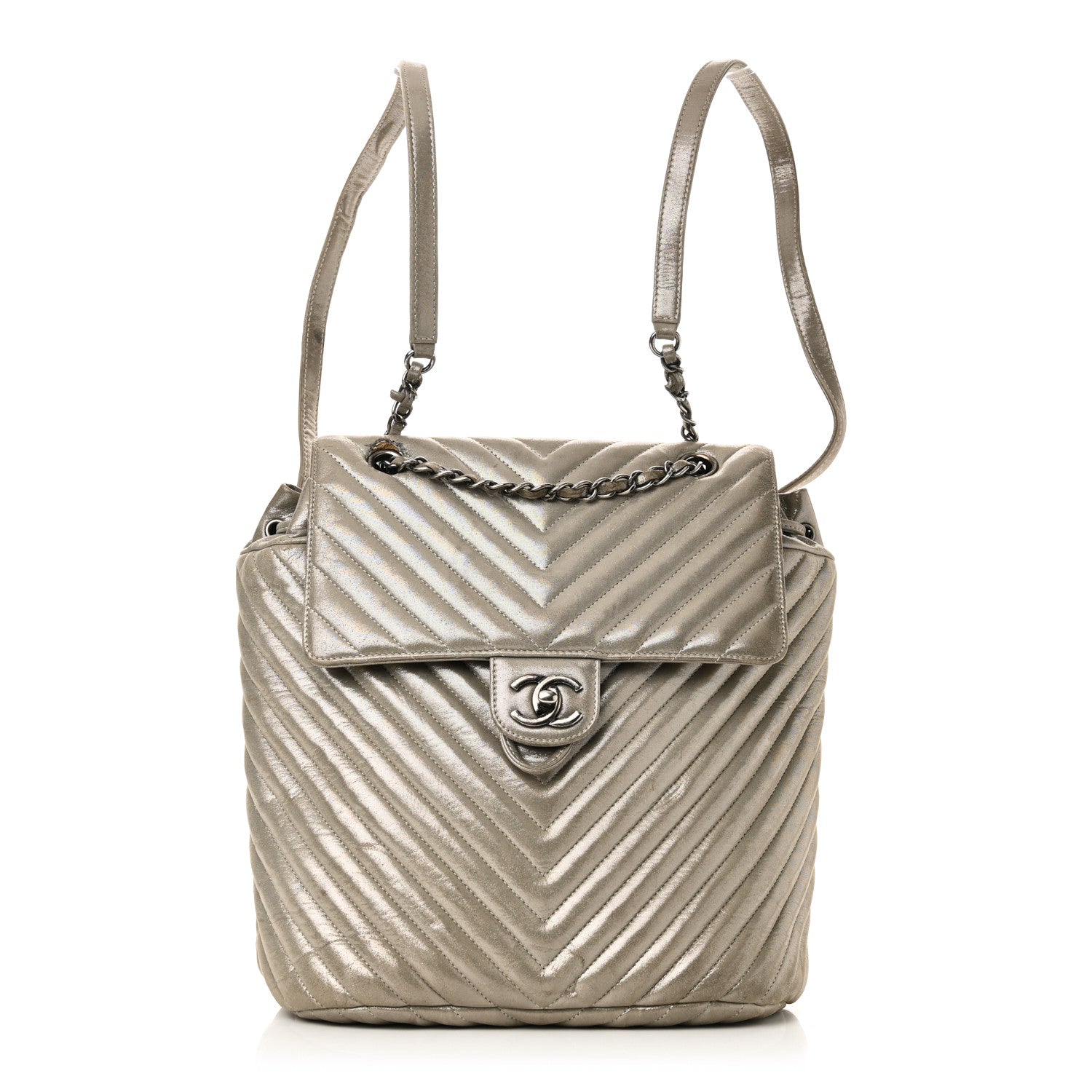 Iridescent Calfskin Chevron Quilted Large Urban Spirit Backpack Silver