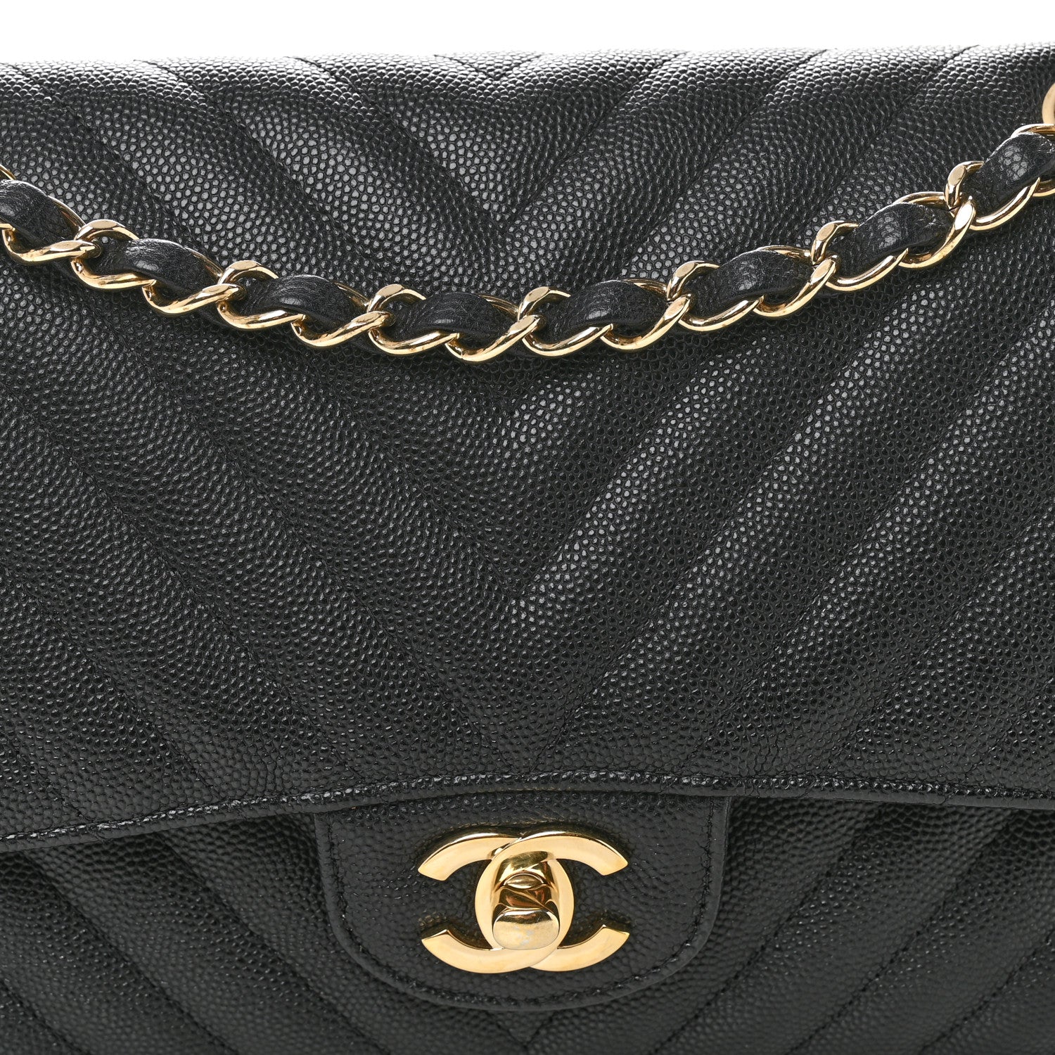 Caviar Chevron Quilted Medium Double Flap Black