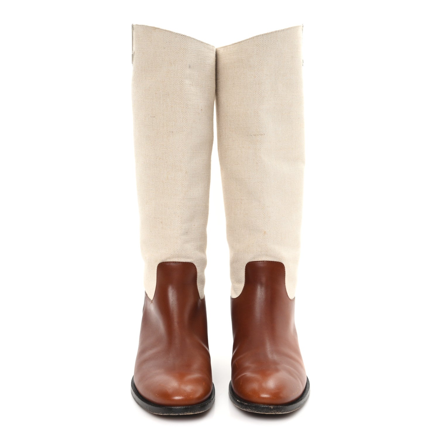 Canvas Calfskin Heritage Flat High Boots 38 Beige Brown