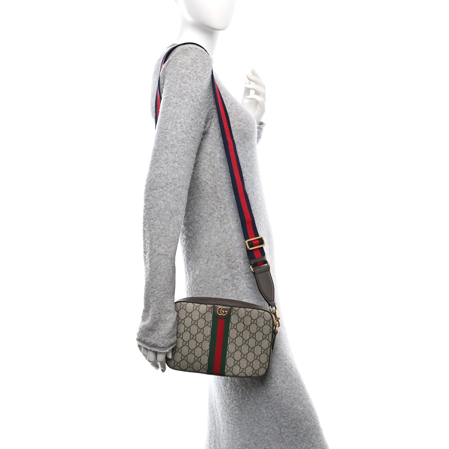 GG Supreme Monogram Textured Dollar Calfskin Web Ophidia Wristlet Shoulder Bag Beige Ebony New Acero