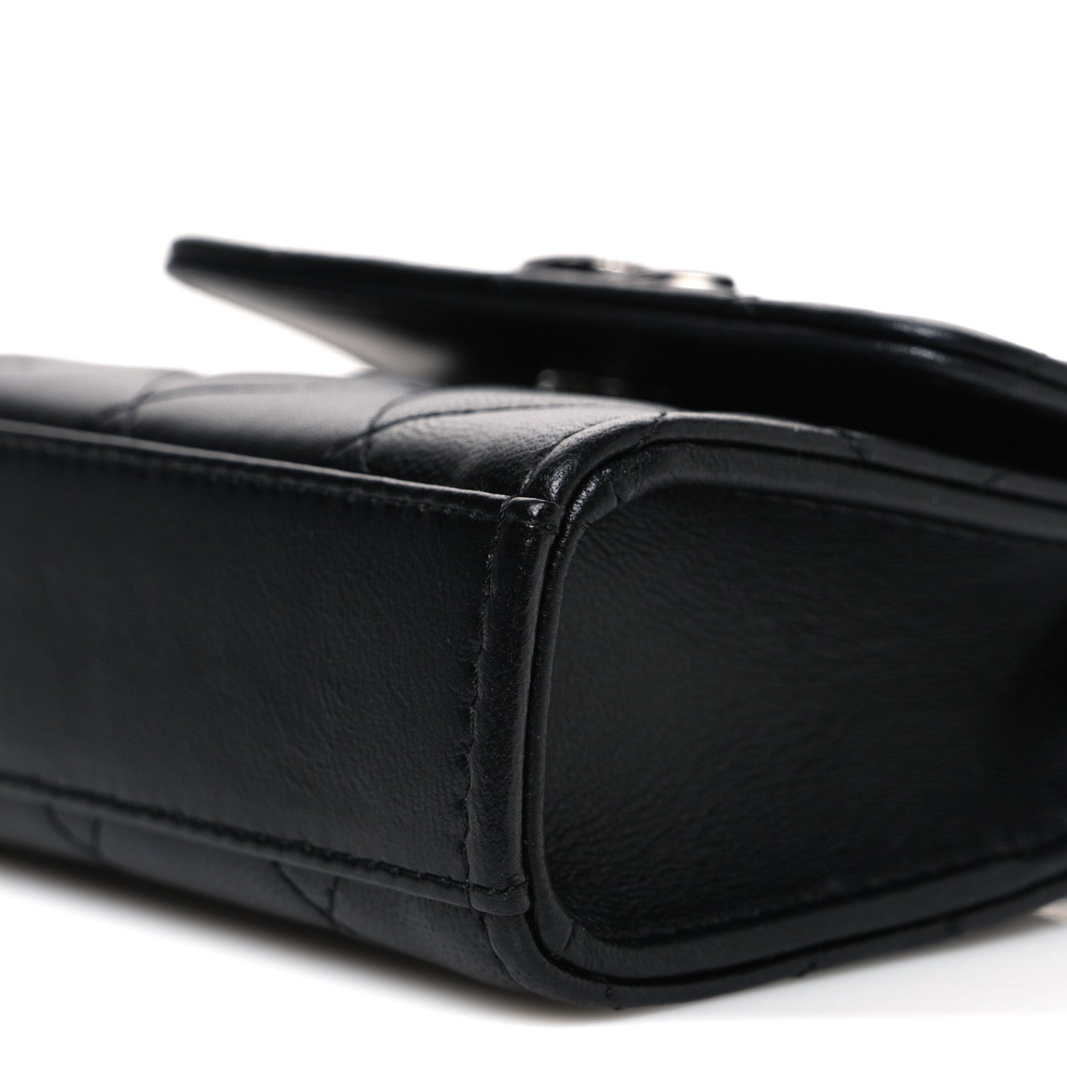 Lambskin Quilted Mini Metal Top Handle Flap Clutch With Chain  Black