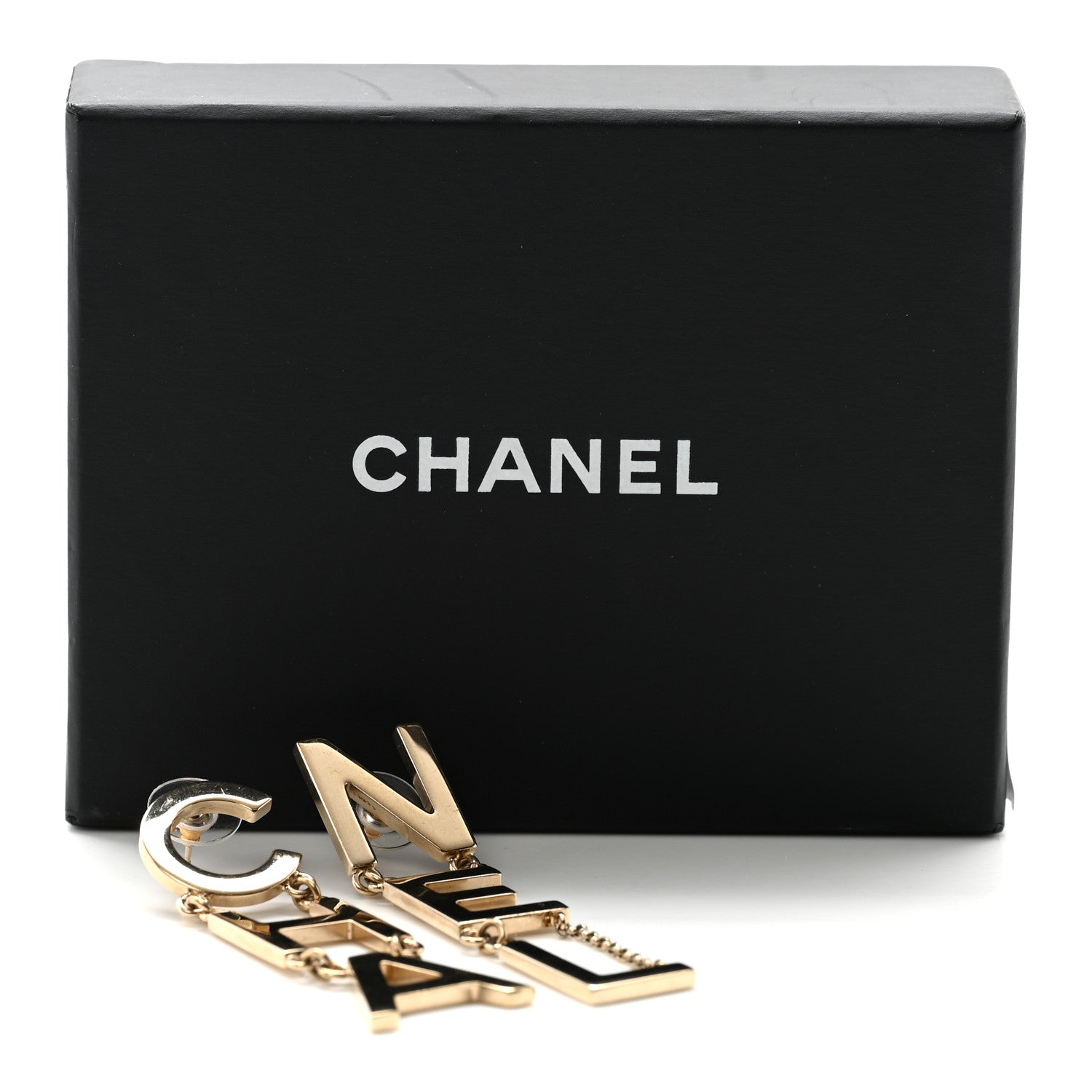 Metal Cha-Nel Logo Drop Earrings Gold