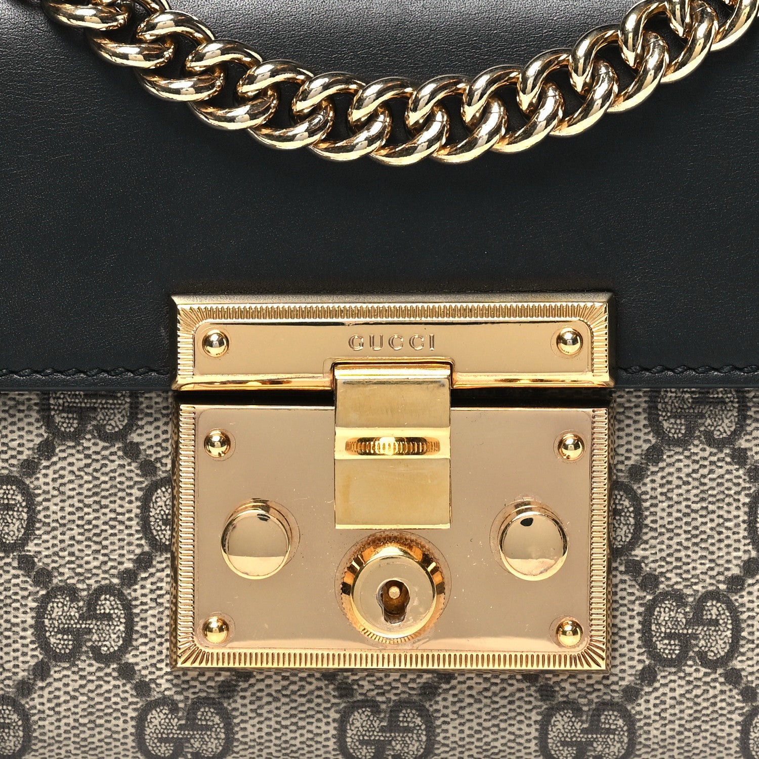 GG Supreme Monogram Calfskin Small Padlock Shoulder Bag Beige Black Cuir