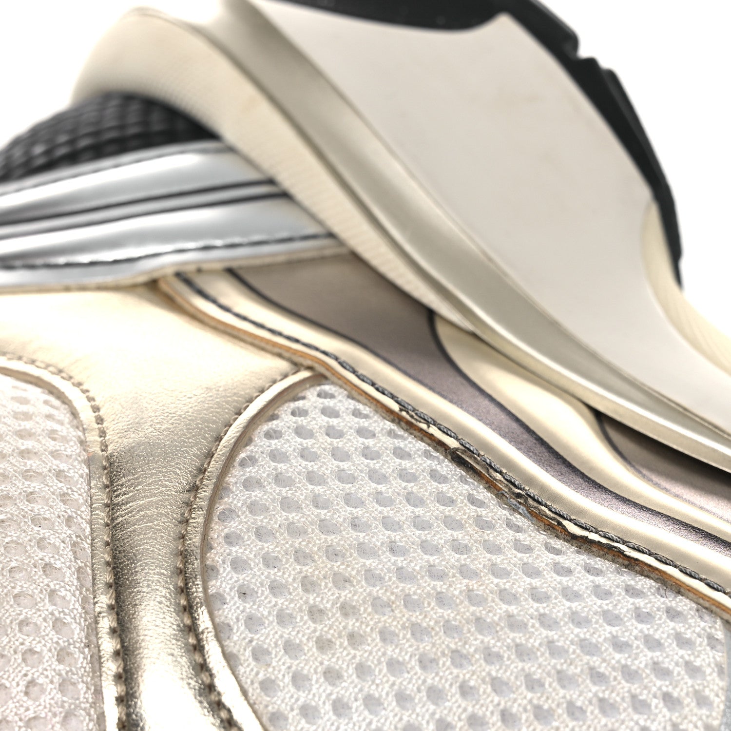 Fabric Laminated Calfskin Stretch CC Womens Sneakers 40 White Gold Silver