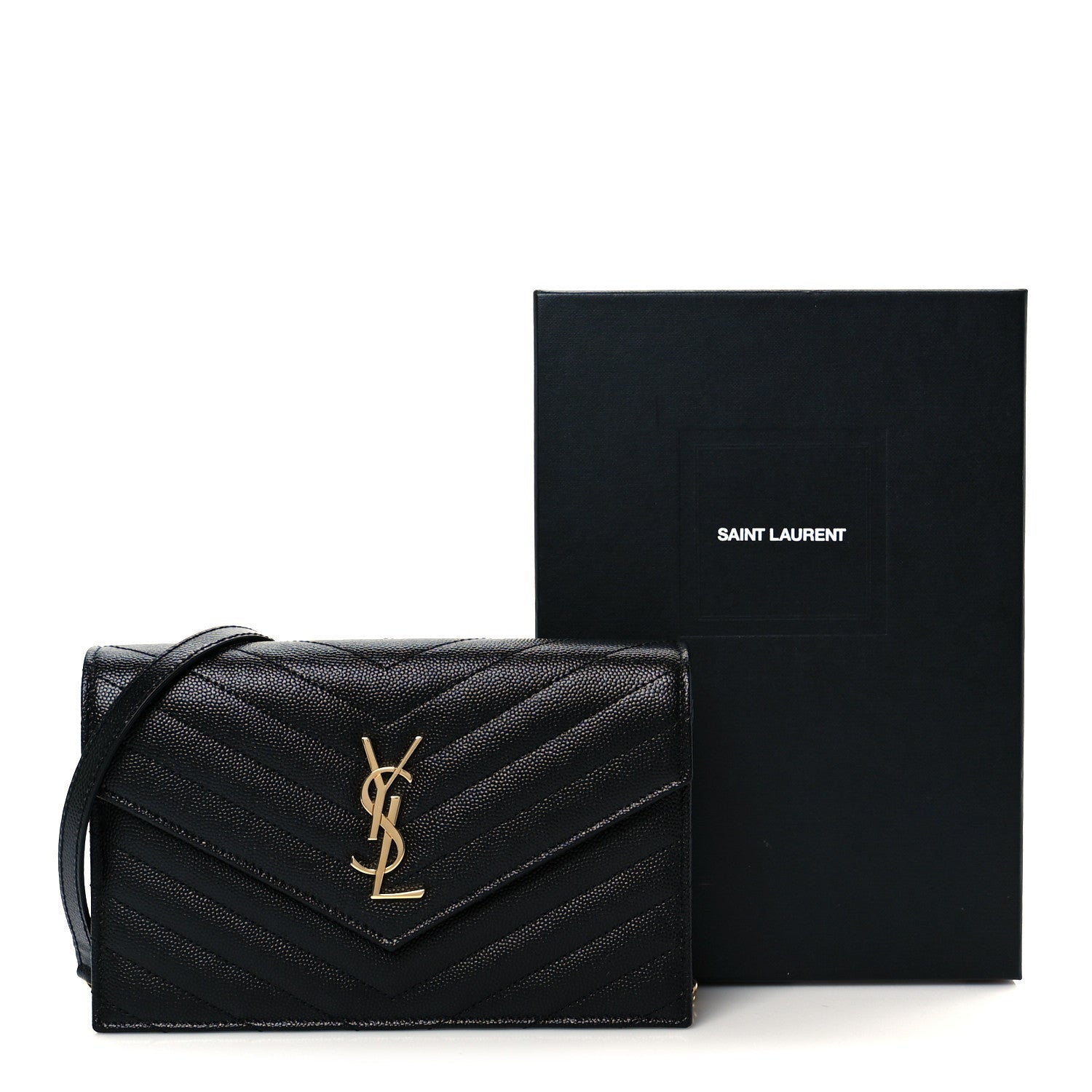 Grain De Poudre Matelasse Chevron Monogram Envelope Chain Wallet Black