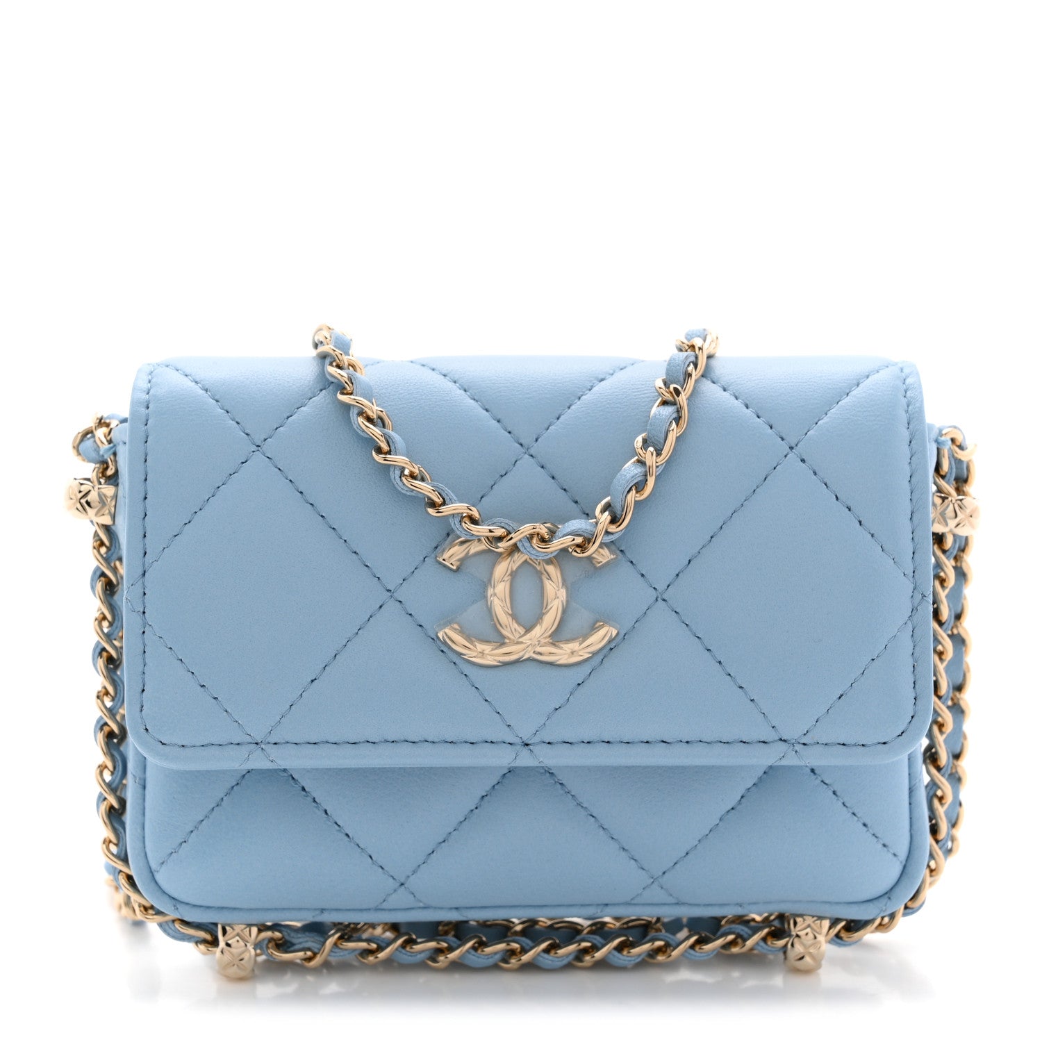 Lambskin Quilted Chain Around Coin Purse With Chain Light Blue