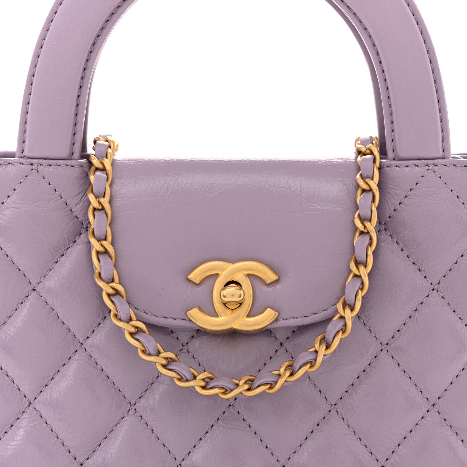 Shiny Aged Calfskin Quilted Nano Kelly Shopper Lilac