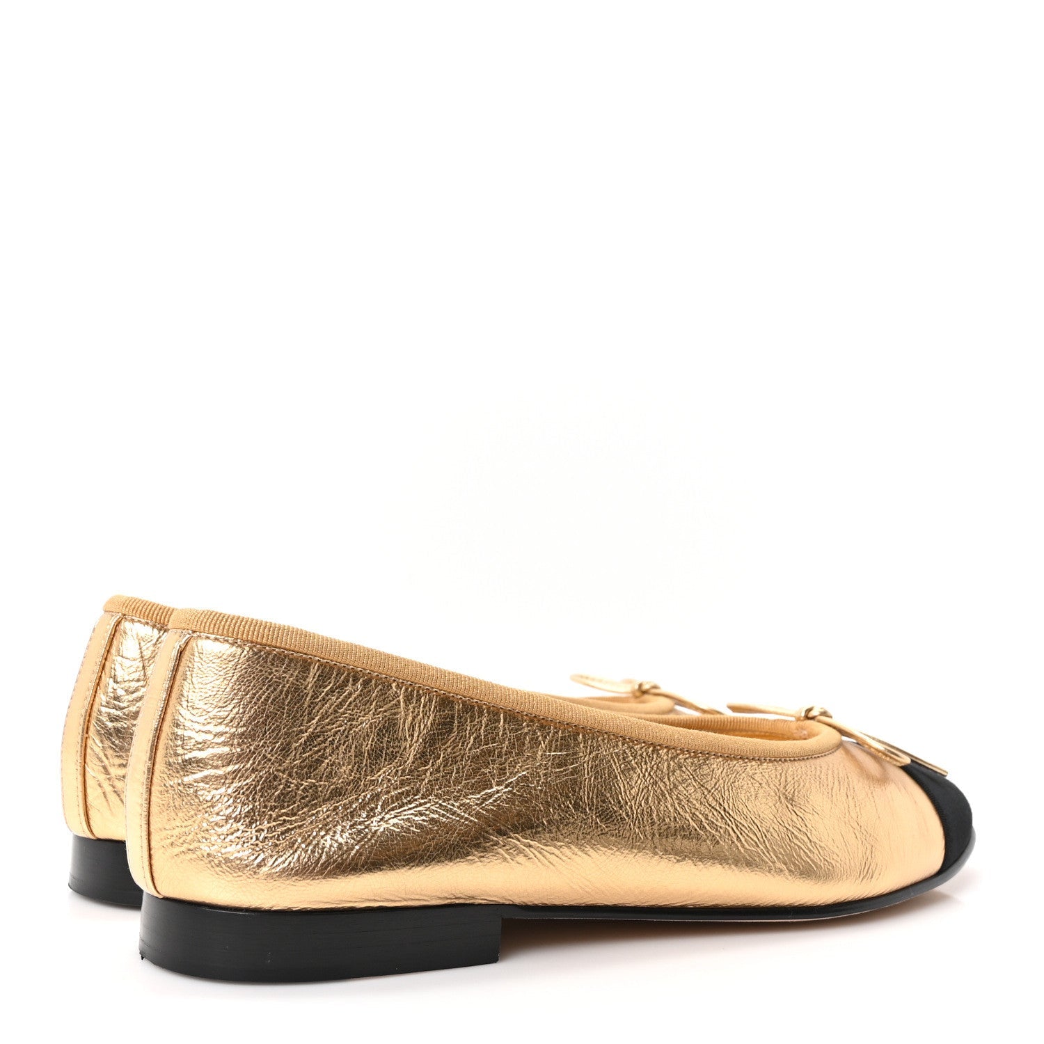 Laminated Crumpled Lambskin Grosgrain Cap Toe CC Ballerina Flats 39 Gold Black
