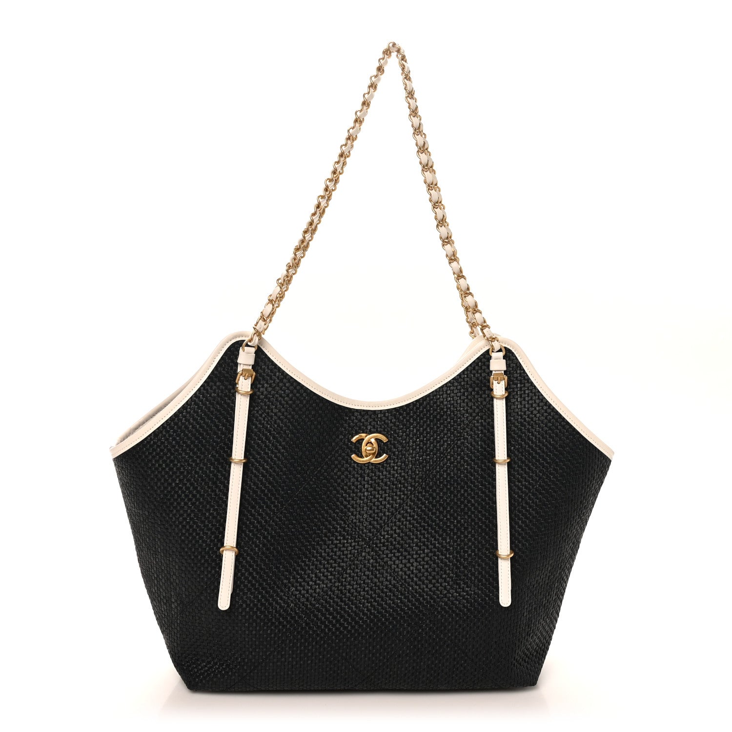 Calfskin Raffia Braided Small Shopping Tote Black White