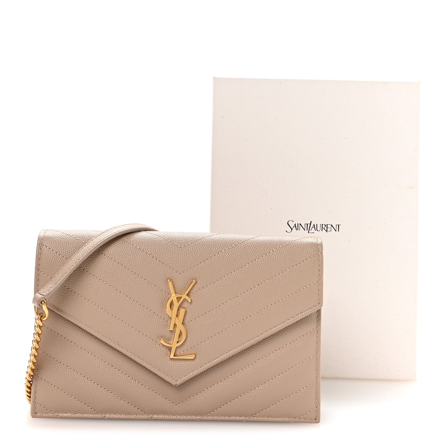 Grain De Poudre Matelasse Chevron Monogram Envelope Chain Wallet Dark Beige
