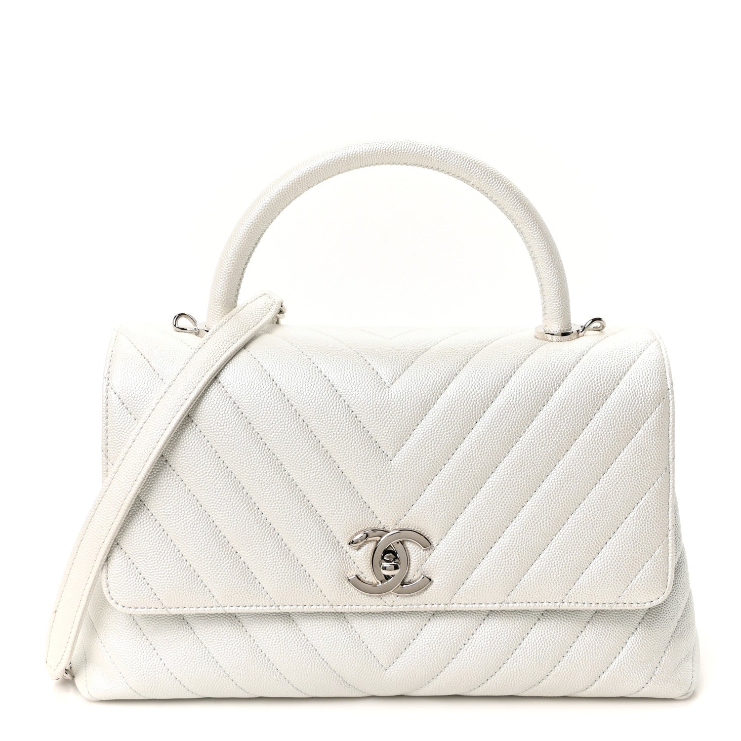 Iridescent Caviar Chevron Quilted Small Coco Handle Flap White