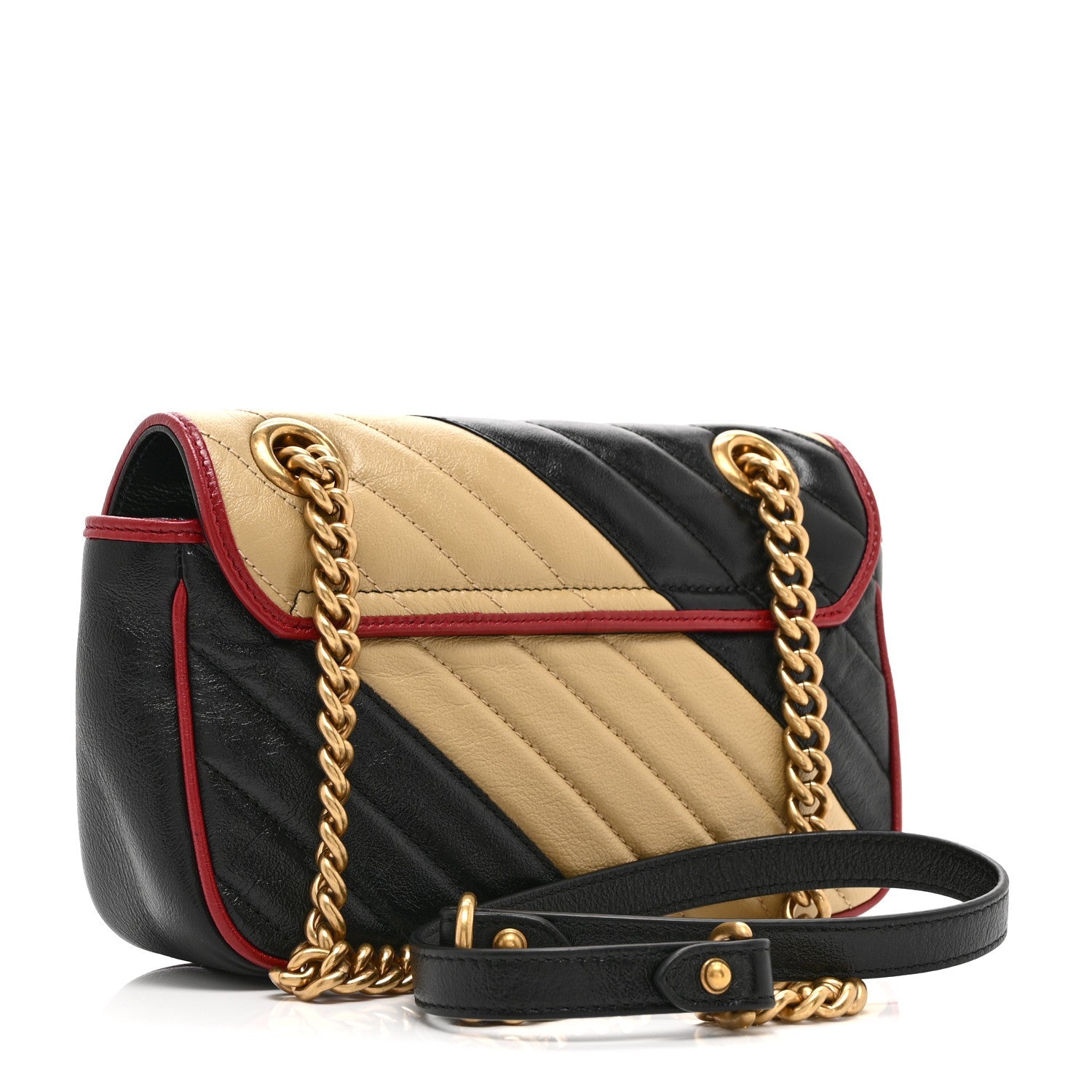Vintage Effect Calfskin Matelasse Diagonal Striped Mini Torchon GG Marmont Shoulder Bag Black Beige