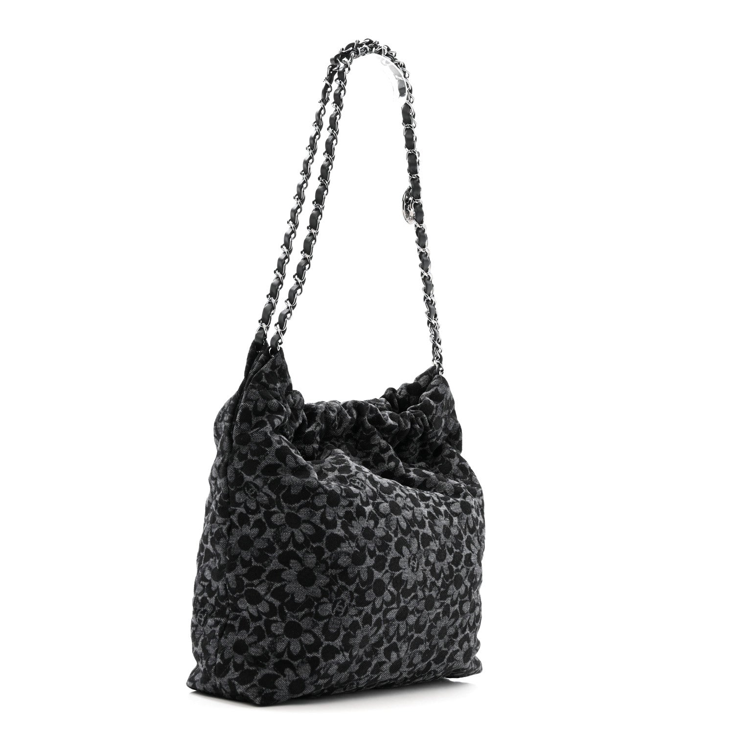 Denim Quilted Floral Print Small Chanel 22 Black