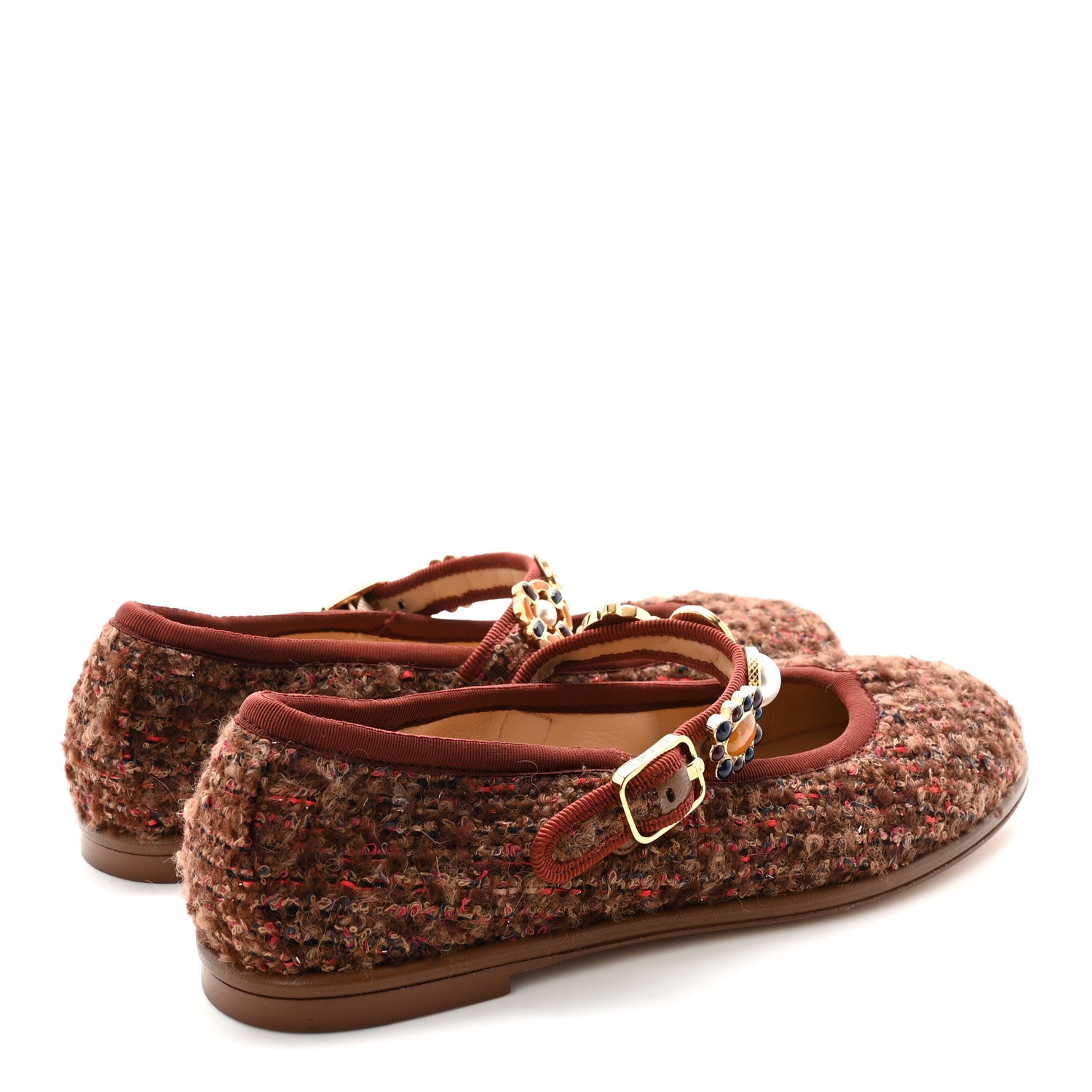 Wool Tweed Mary Jane Flats 37 Brown Red Dark Blue