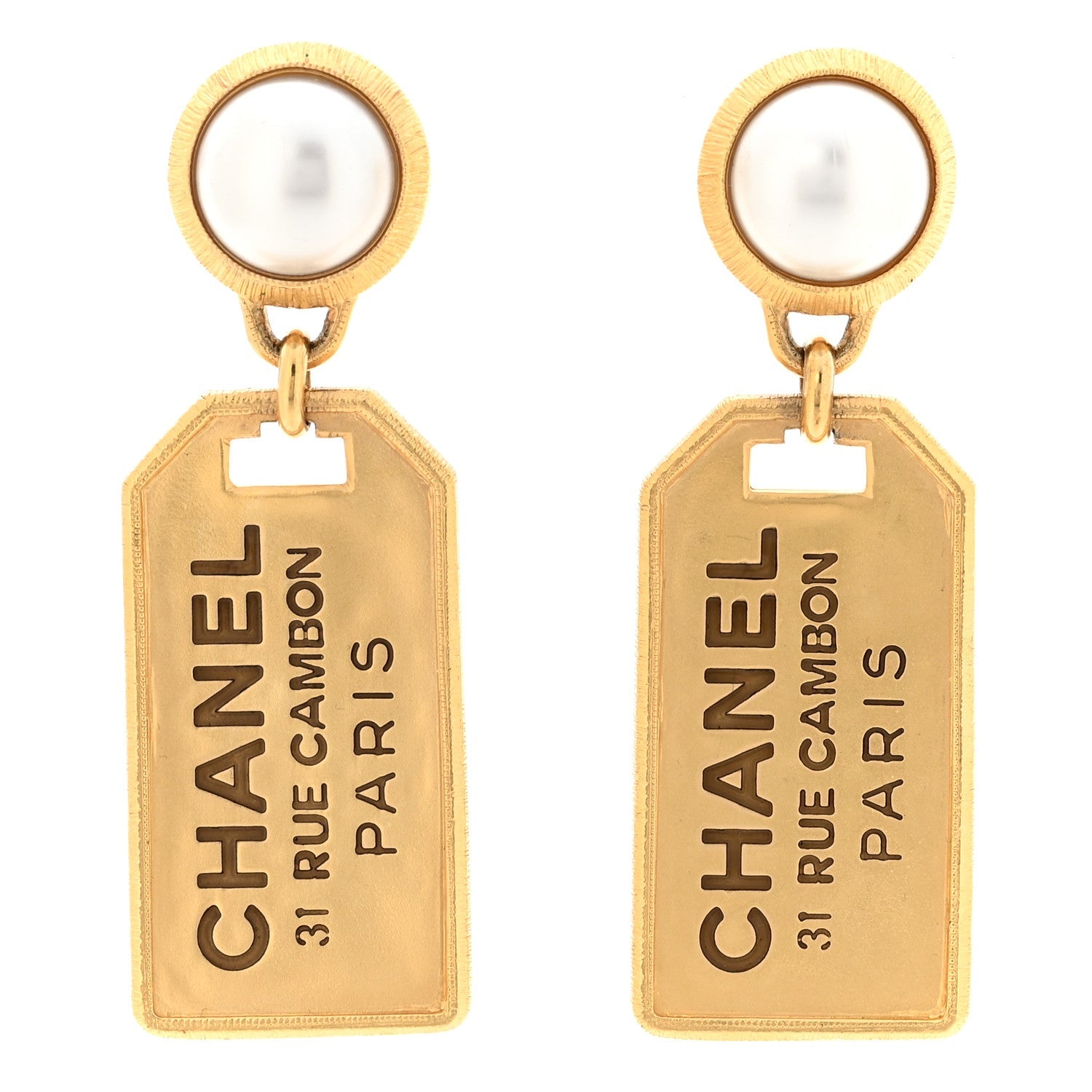 Pearl CC Tags Drop Earrings Gold