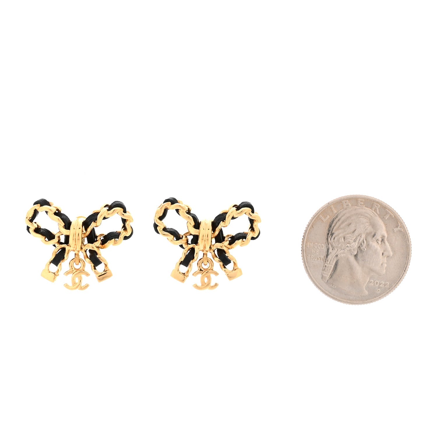 Lambskin Chain Bow Stud Earrings Black Gold