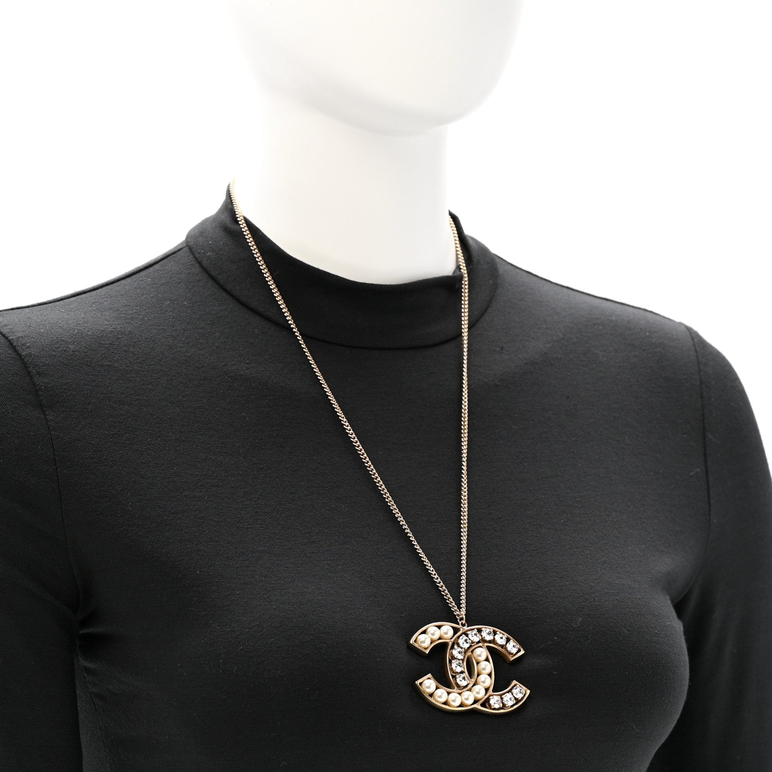 Pearl Crystal CC Pendant Necklace Gold