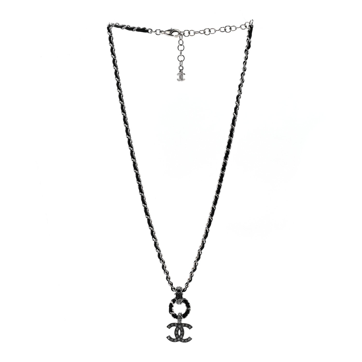 Lambskin Crystal Chain Choker Necklace Silver Black