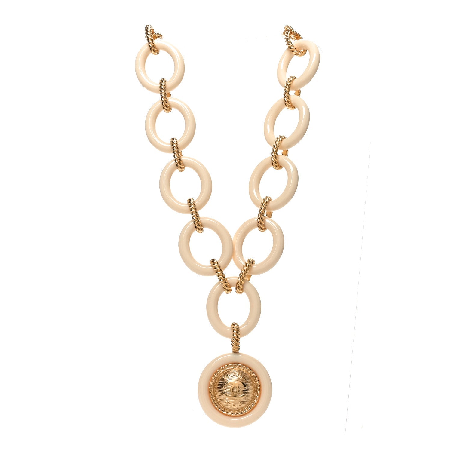 Resin Metal CC Medallion Necklace Beige Gold