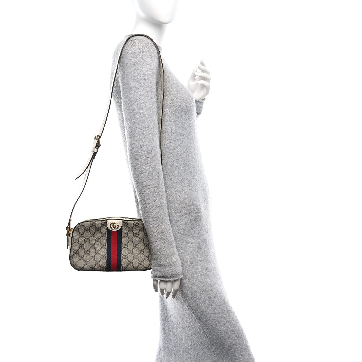 GG Supreme Monogram Textured Calfskin Web Small Ophidia Camera Bag Beige Ebony Mystic White