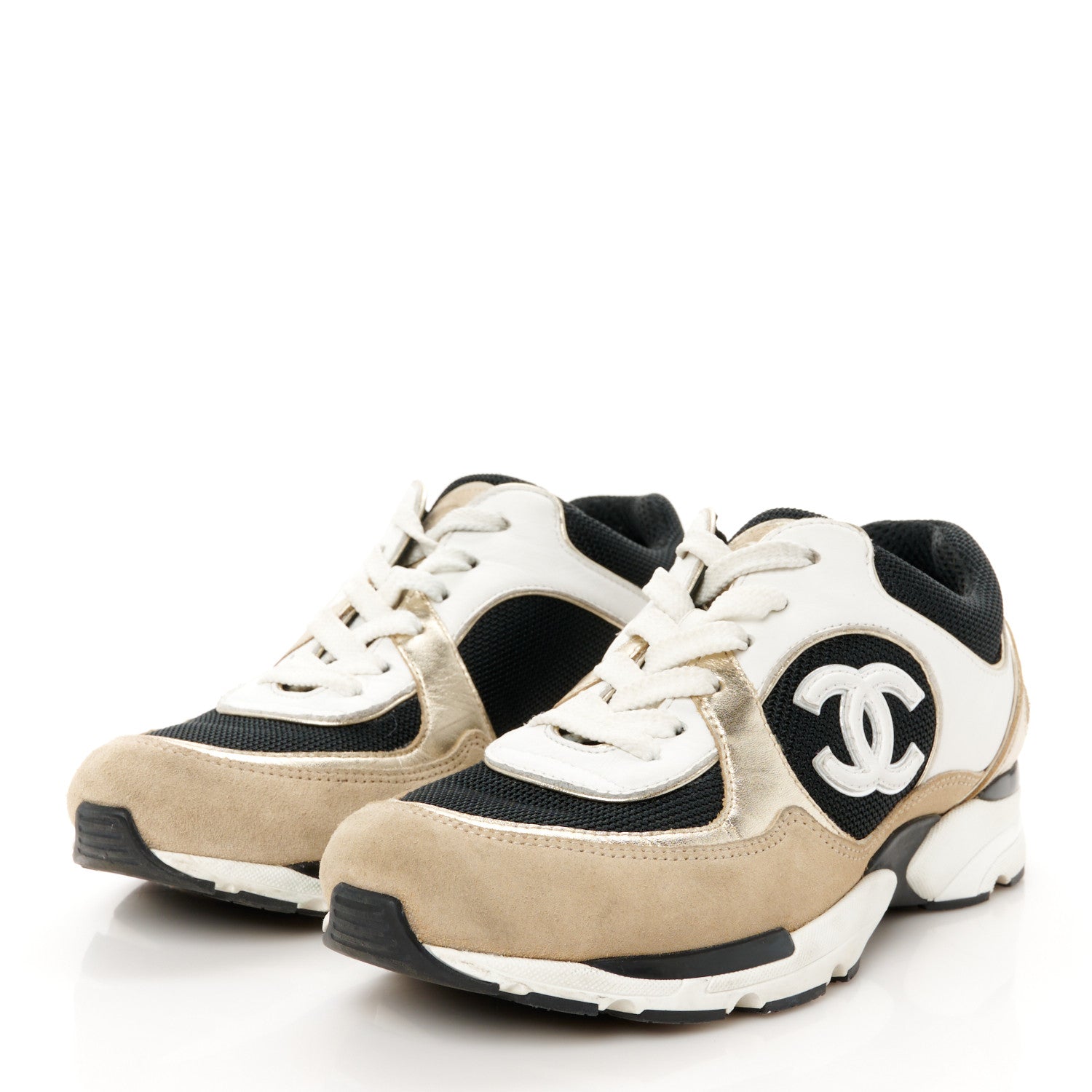Mesh Suede Calfskin Grained Calfskin Womens CC Sneakers 37 White Black Beige Gold