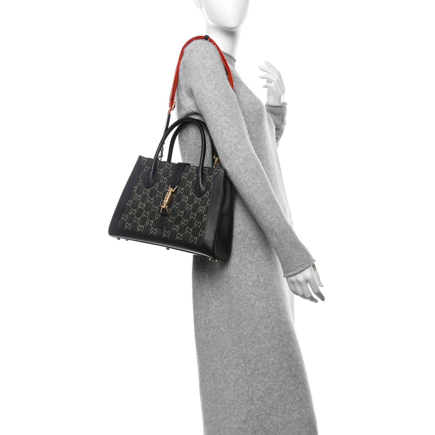 Jacquard Black Denim GG Monogram Textured Dollar Calfskin Medium Jackie 1961 Tote Black Ivory