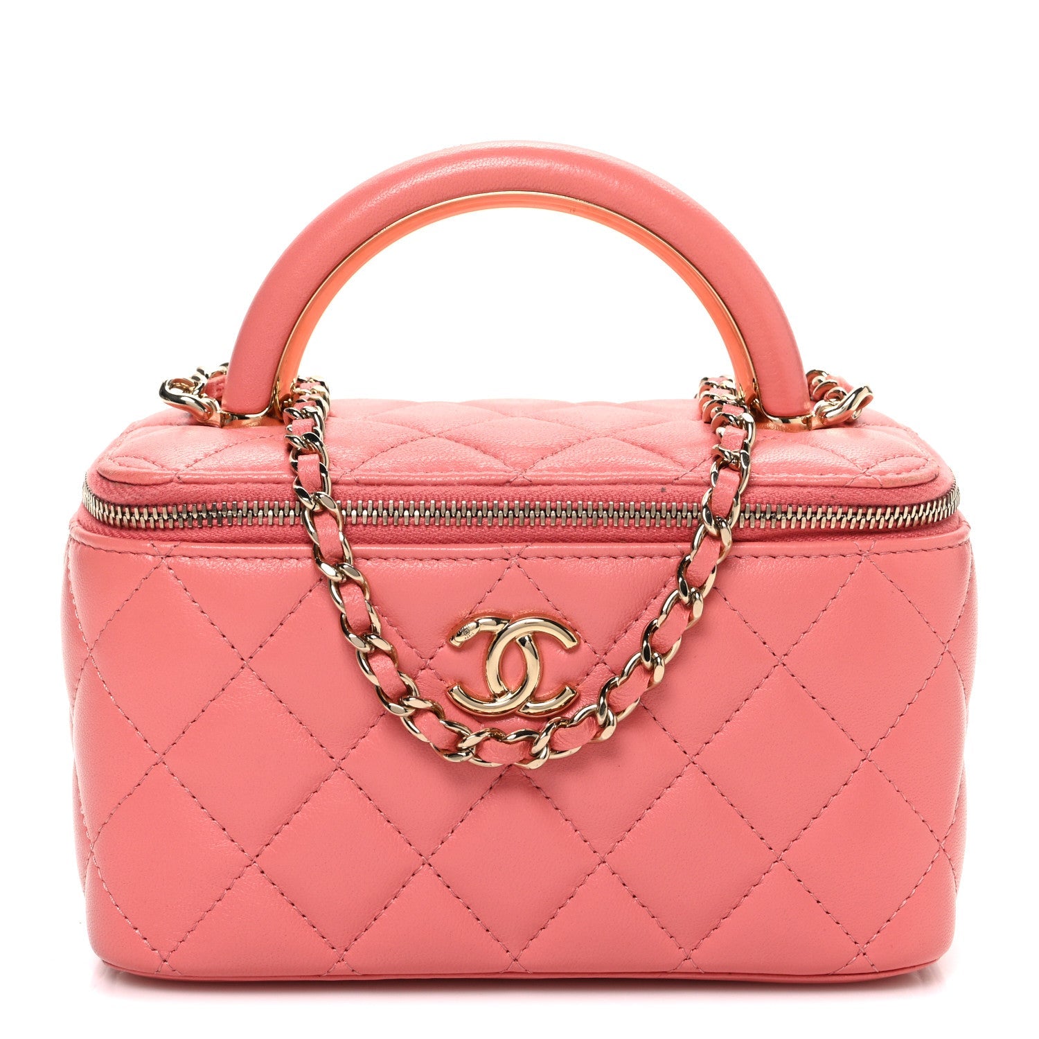 Lambskin Quilted Small Charming Top Handle Vanity Case With Chain Pink