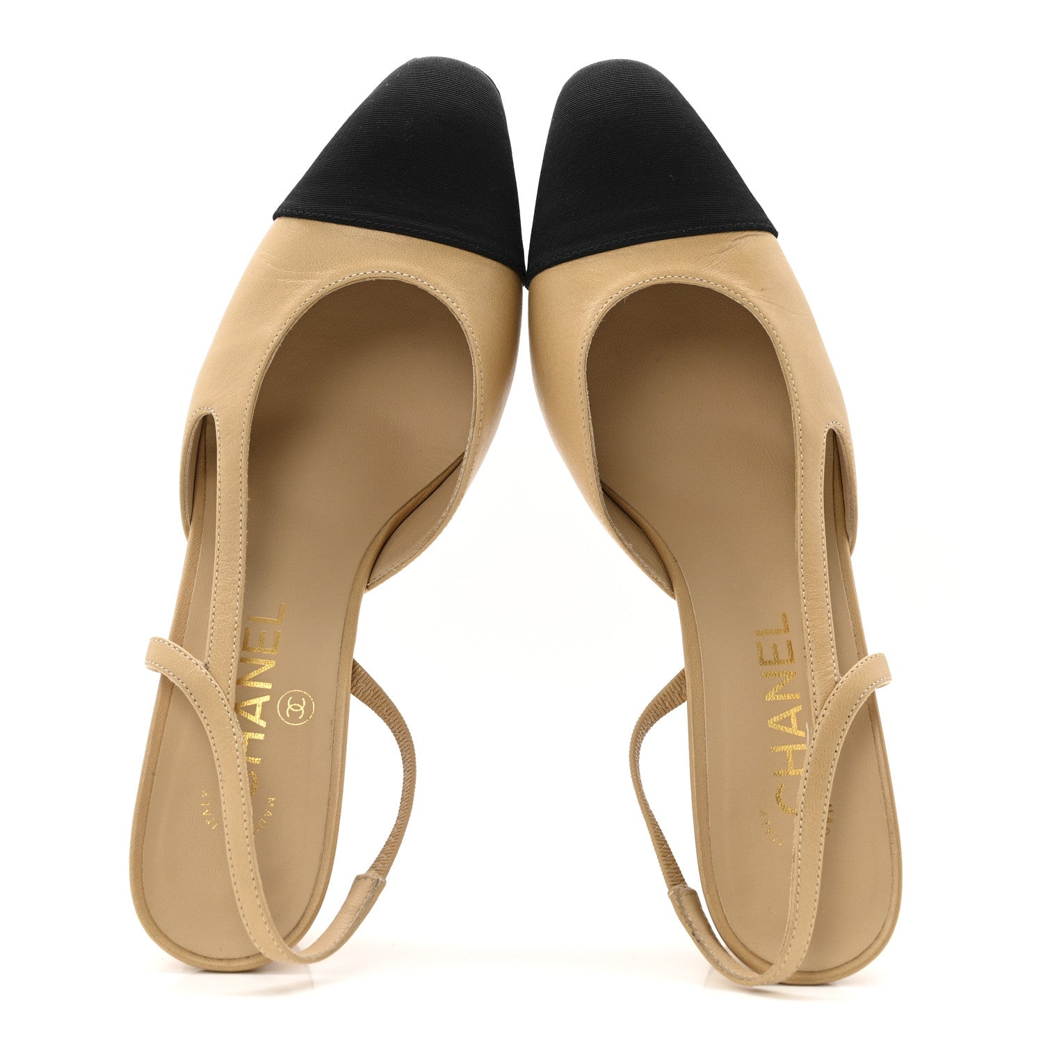 Goatskin Grosgrain Cap Toe CC Slingback Pumps 38.5 Beige Black
