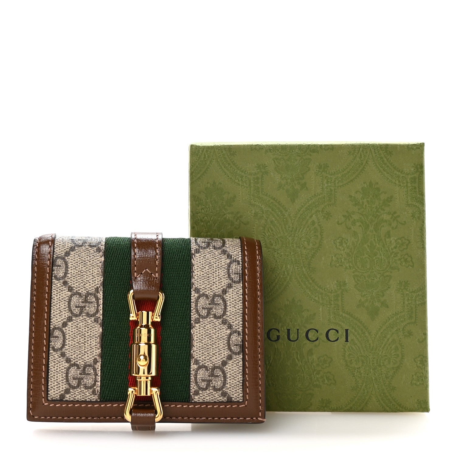GG Supreme Monogram Textured Calfskin Web Jackie 1961 Card Case Beige Ebony Brown Sugar