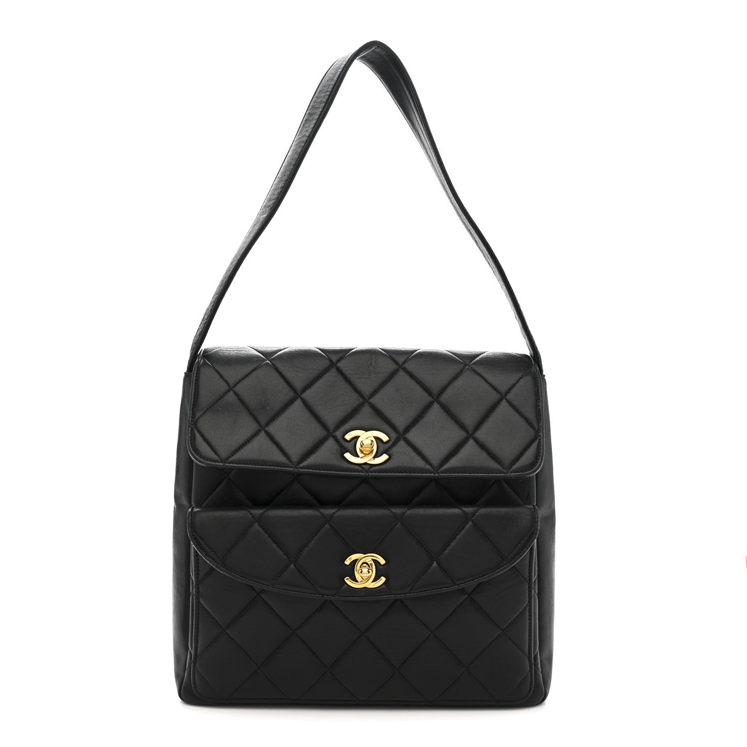 Lambskin Quilted Double Pocket Shoulder Bag Black
