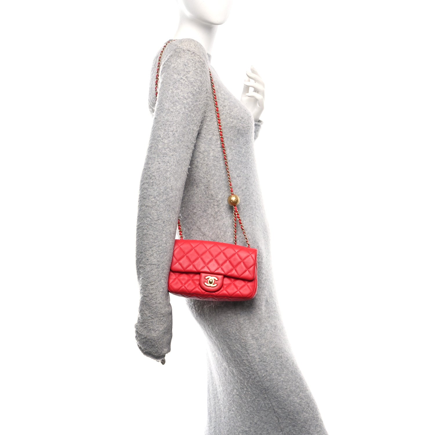 Lambskin Quilted Mini Rectangular Pearl Crush Flap Red