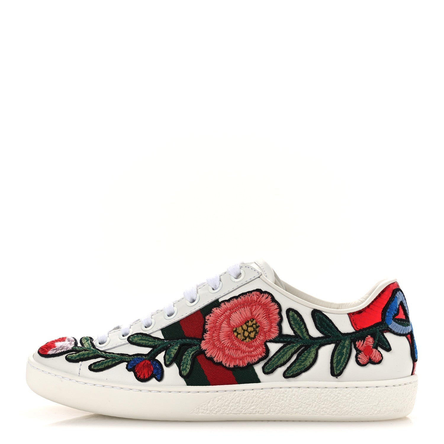 Calfskin Web Floral Embroidered Womens Ace Sneakers 35 White