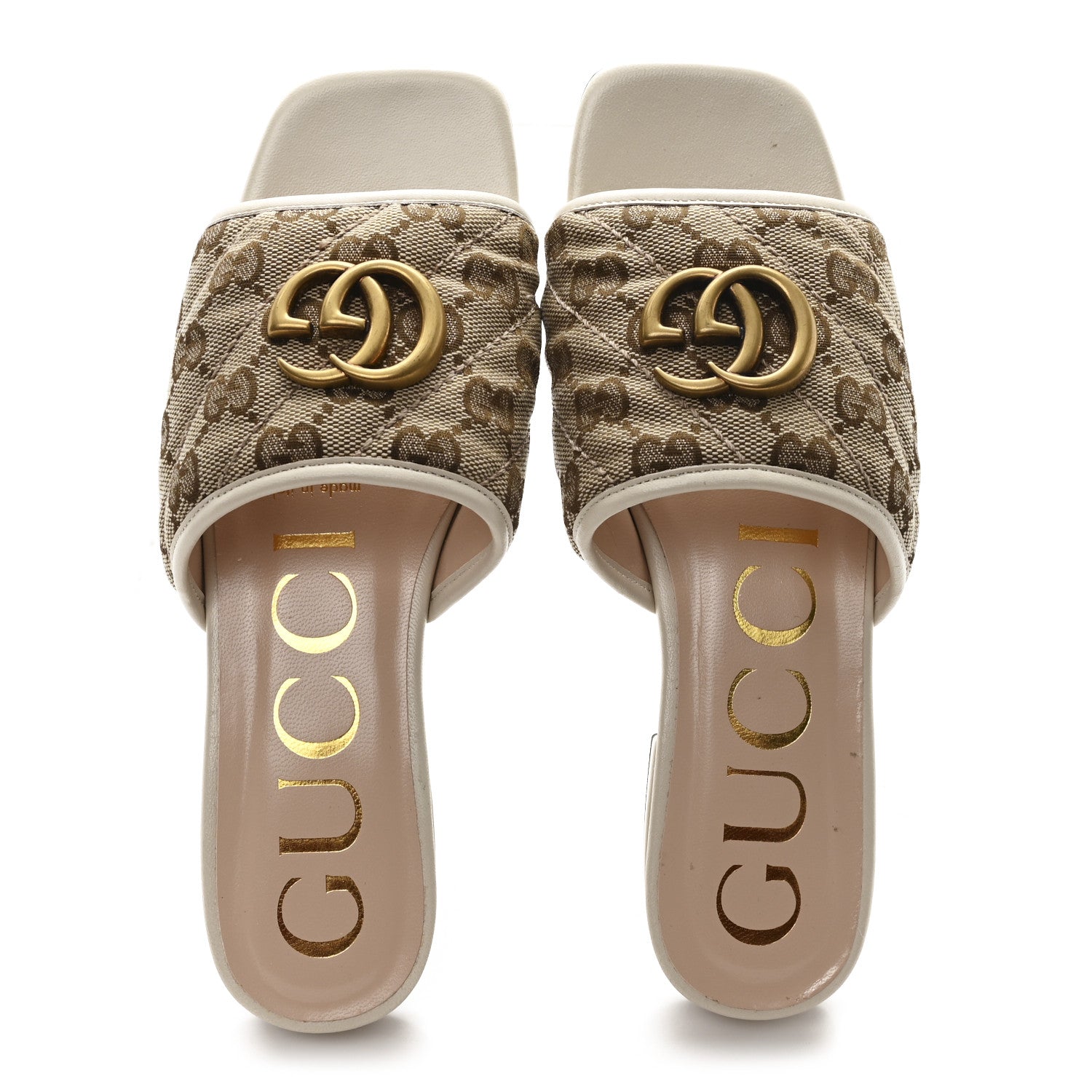 Monogram Matelasse Diagonal GG Marmont Flat Slide Sandals  35 Beige Ebony Mystic White