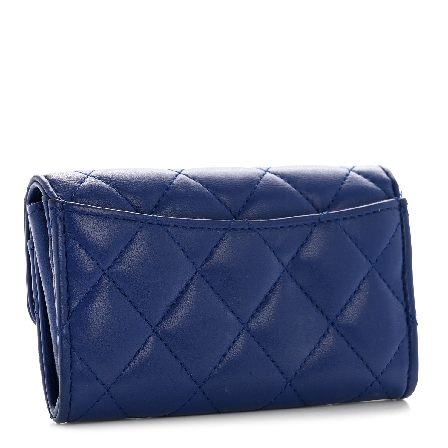 Lambskin Quilted Flap Card Holder Wallet Blue