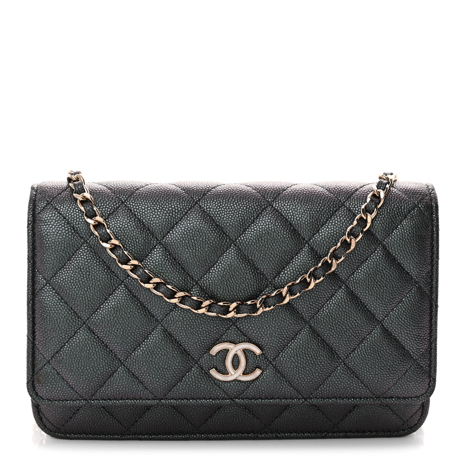 Iridescent Caviar Quilted Wallet on Chain WOC Dark Blue