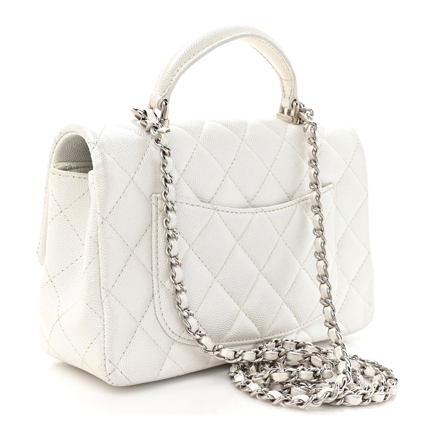Metallic Caviar Quilted Mini Top Handle Rectangular Flap White