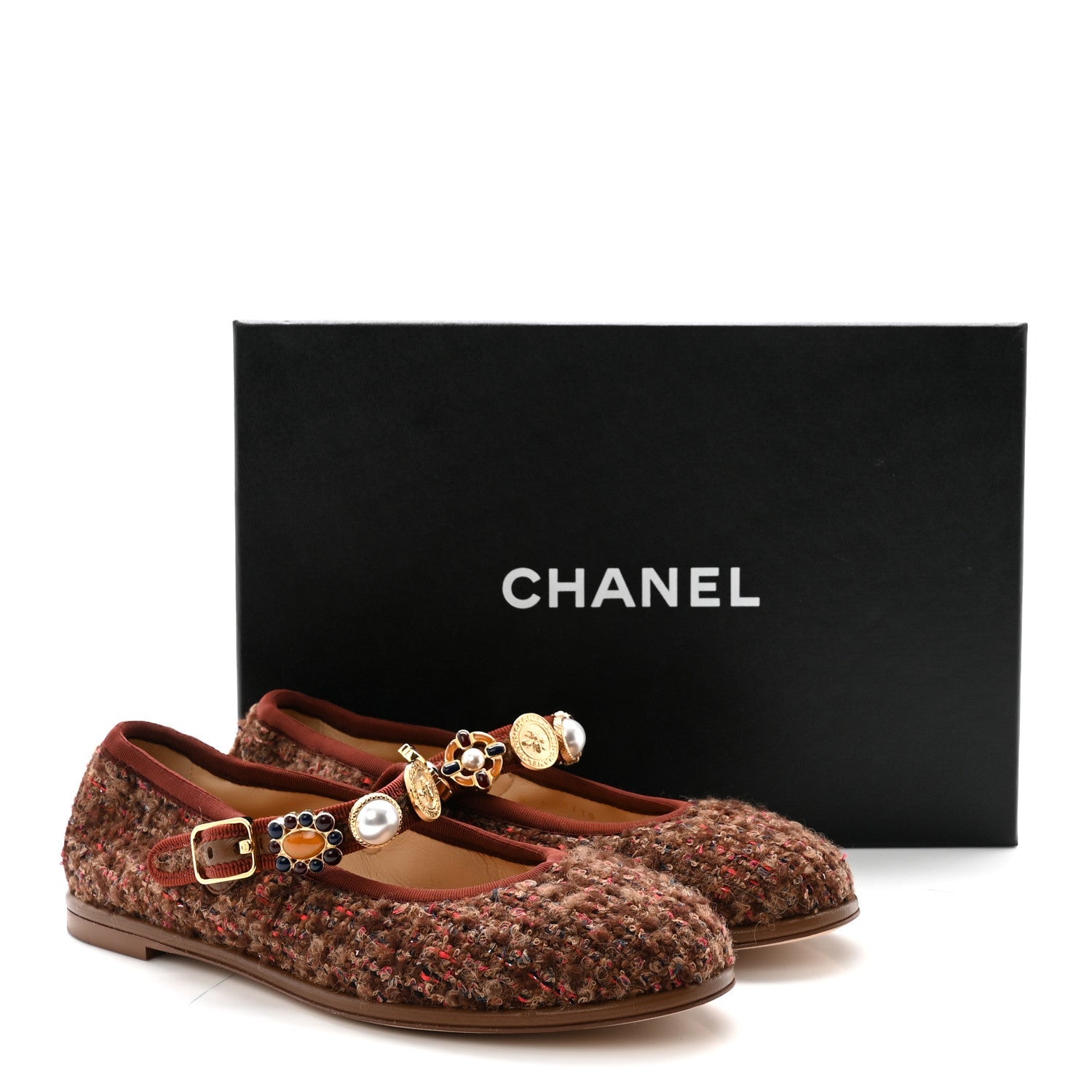 Wool Tweed Mary Jane Flats 37 Brown Red Dark Blue