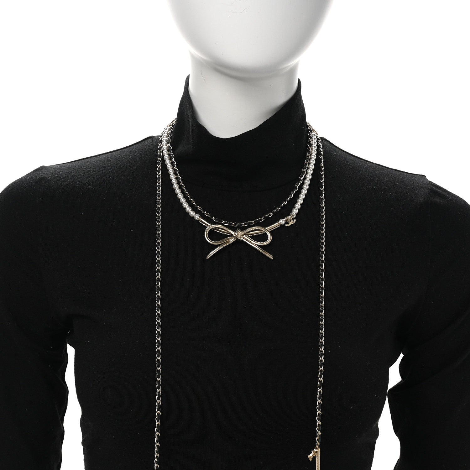 Calfskin Pearl Metal CC Bow Necklace Gold White Black