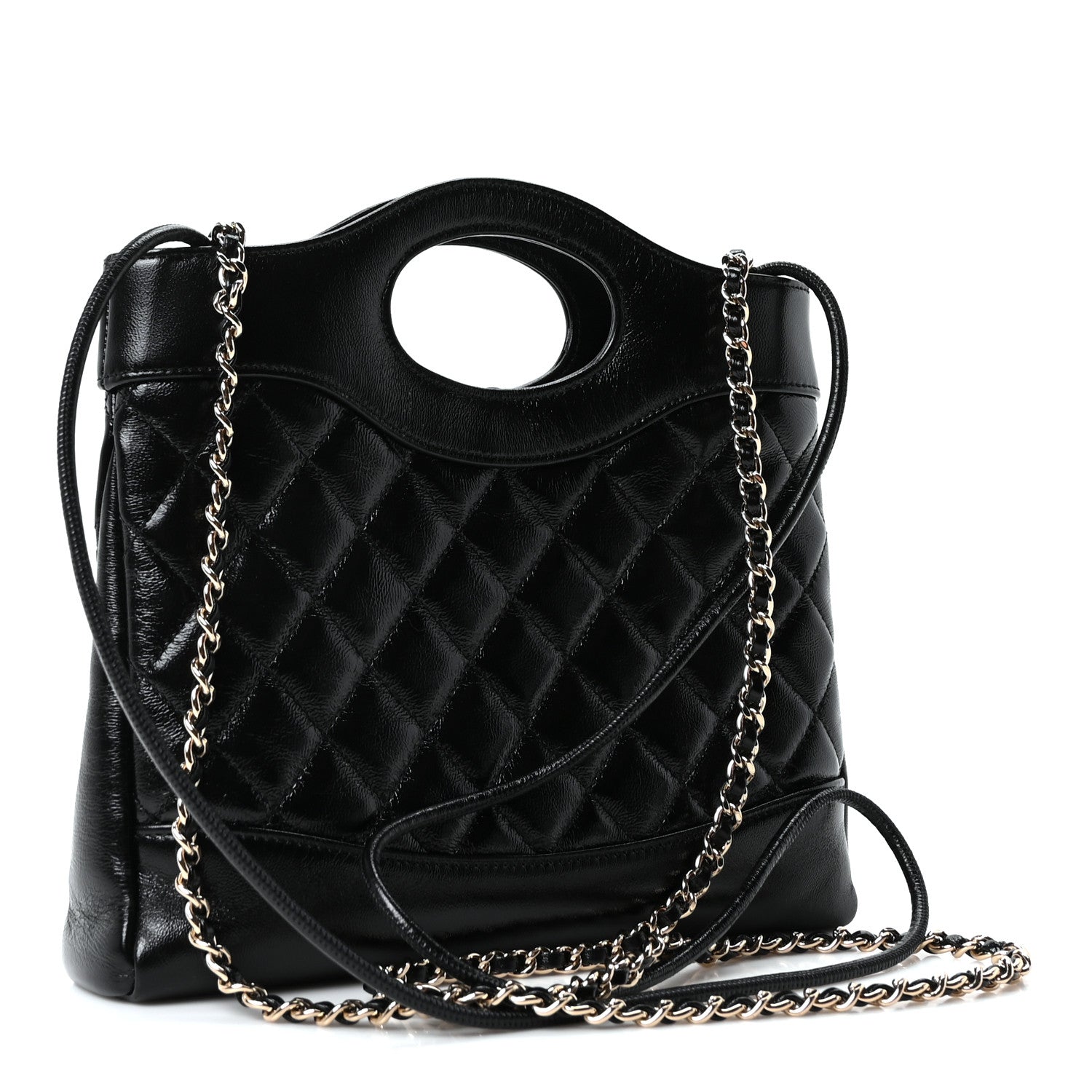 Shiny Crumpled Calfskin Quilted Mini 31 Shopping Bag Black