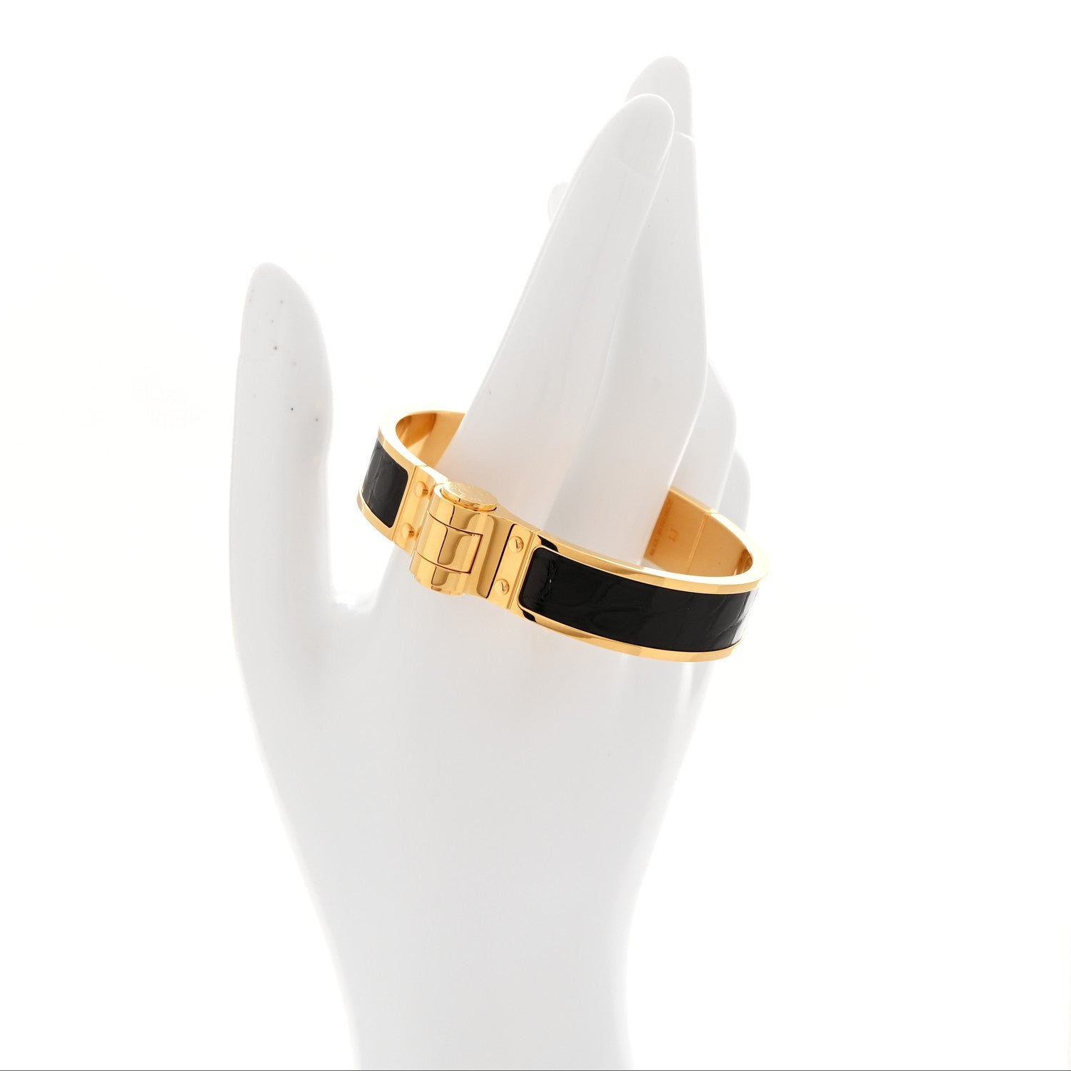 Shiny Alligator Charniere Cuir Narrow Hinged Bracelet M Black
